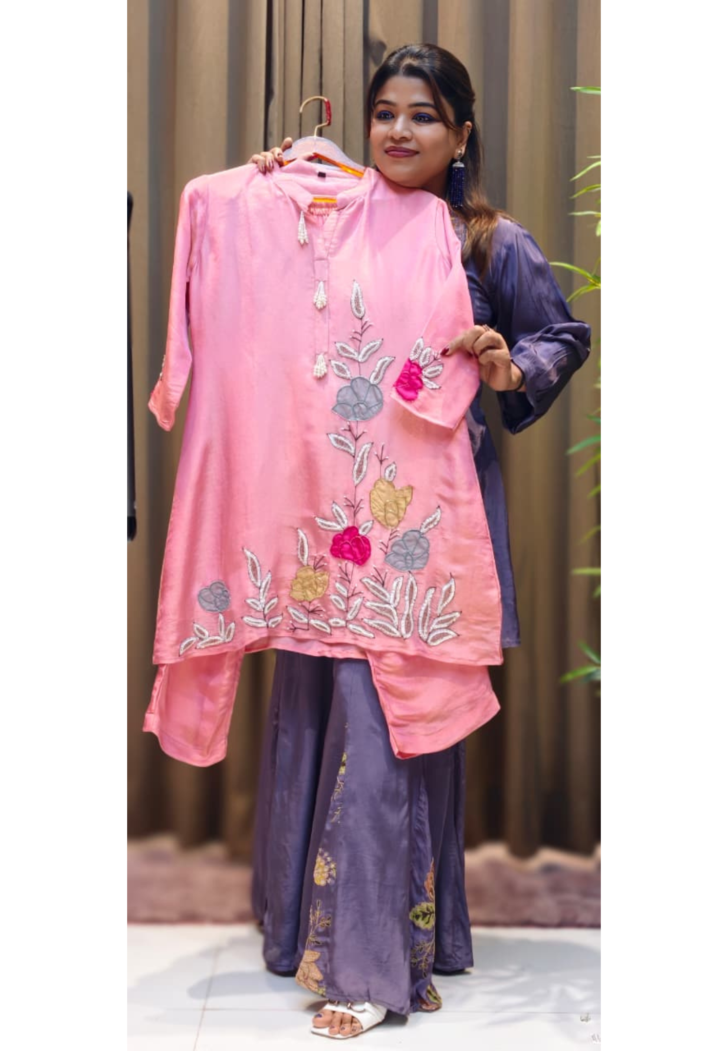 Highlighted Floral Embroidery Pearl Outline Tasseled Co-Ord Set In Tissue Fabric-12917
