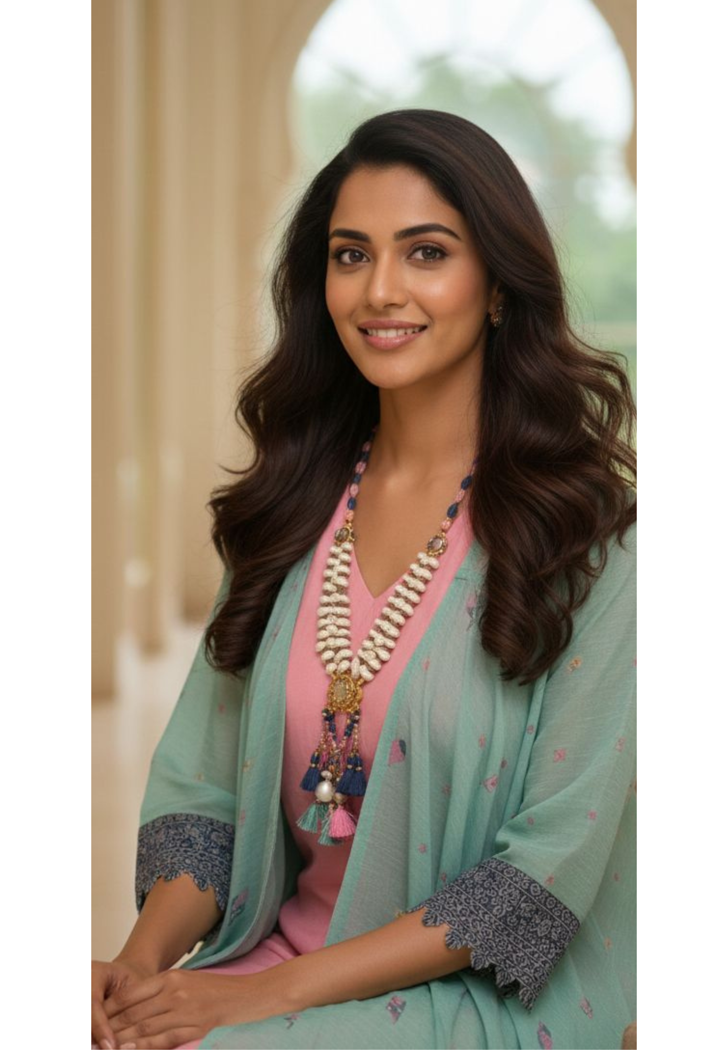 Minimally Printed Crosia Border Plated Shrug With Plain Kurta & Bottom With Separate Neck Piece- 12922