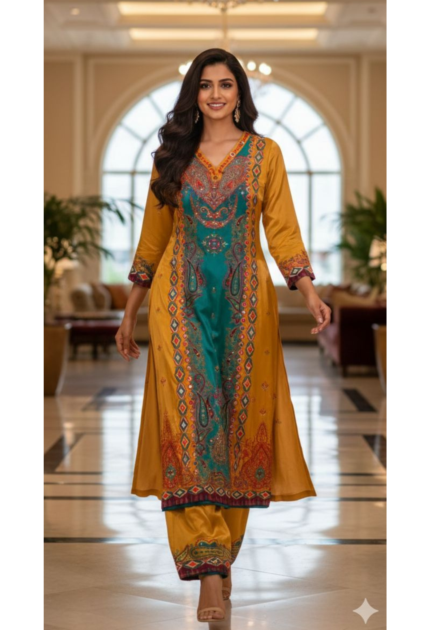 Mustard Elegance Complete Printed Kori Sleeve High & Low Kurta Pant Set In Crepe Fabric-13147