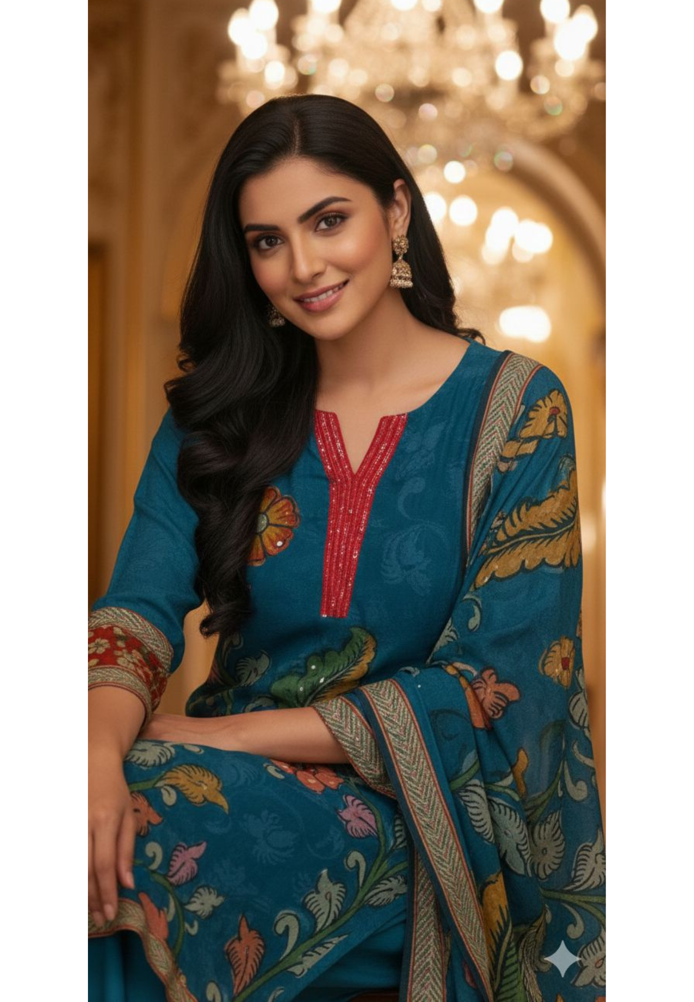 V-Neck Line With Foil Upwork Printed A-Line Full Suit Set With Dupatta In Muslin Fabric- 13116