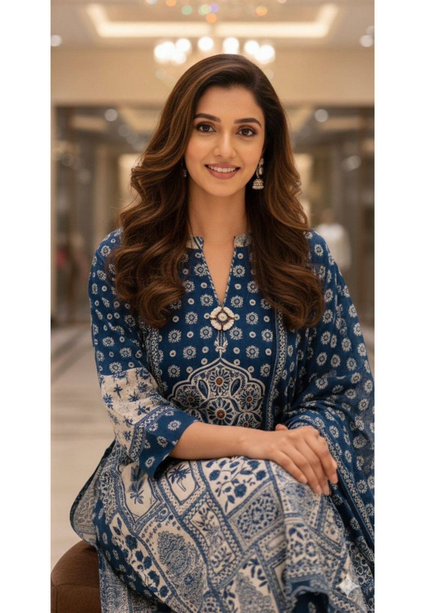 Blue Aura Printed Neck Piece Look Full Suit Set With Dupatta In Muslin Fabric- 13138