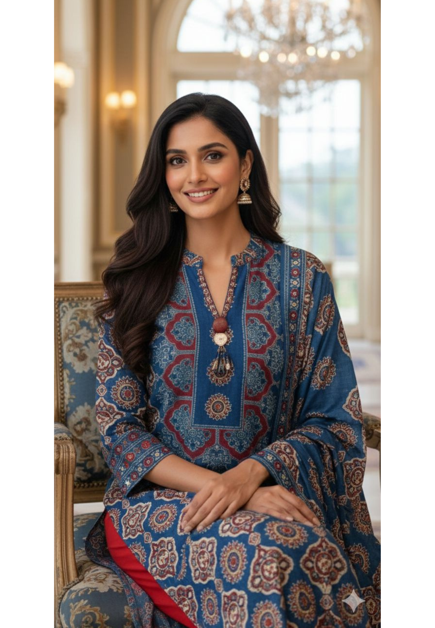 Indigo Charm Printed Neck Piece Look A-Line Full Suit Set With Dupatta In Muslin Fabric- 13136