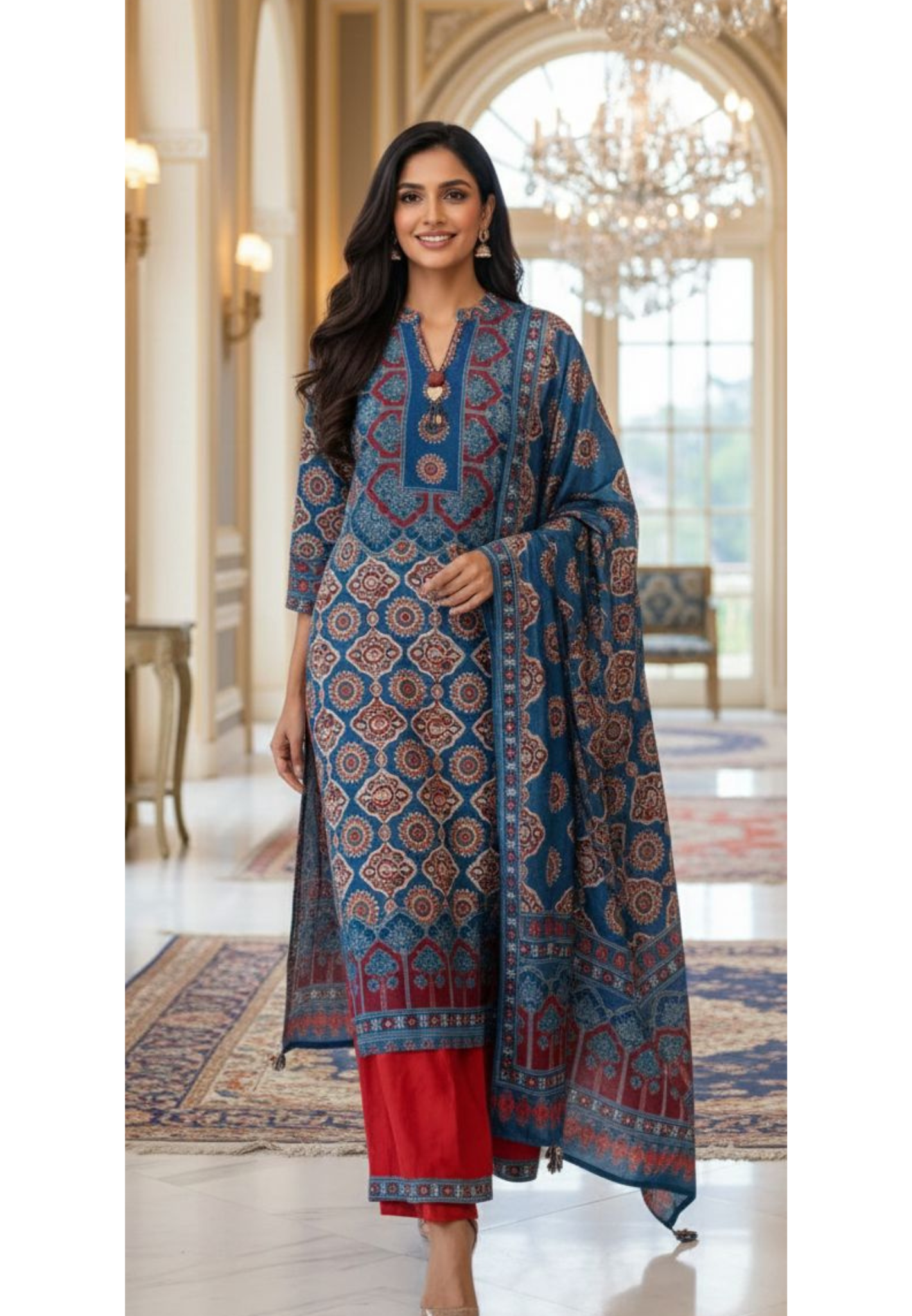 Indigo Charm Printed Neck Piece Look A-Line Full Suit Set With Dupatta In Muslin Fabric- 13136