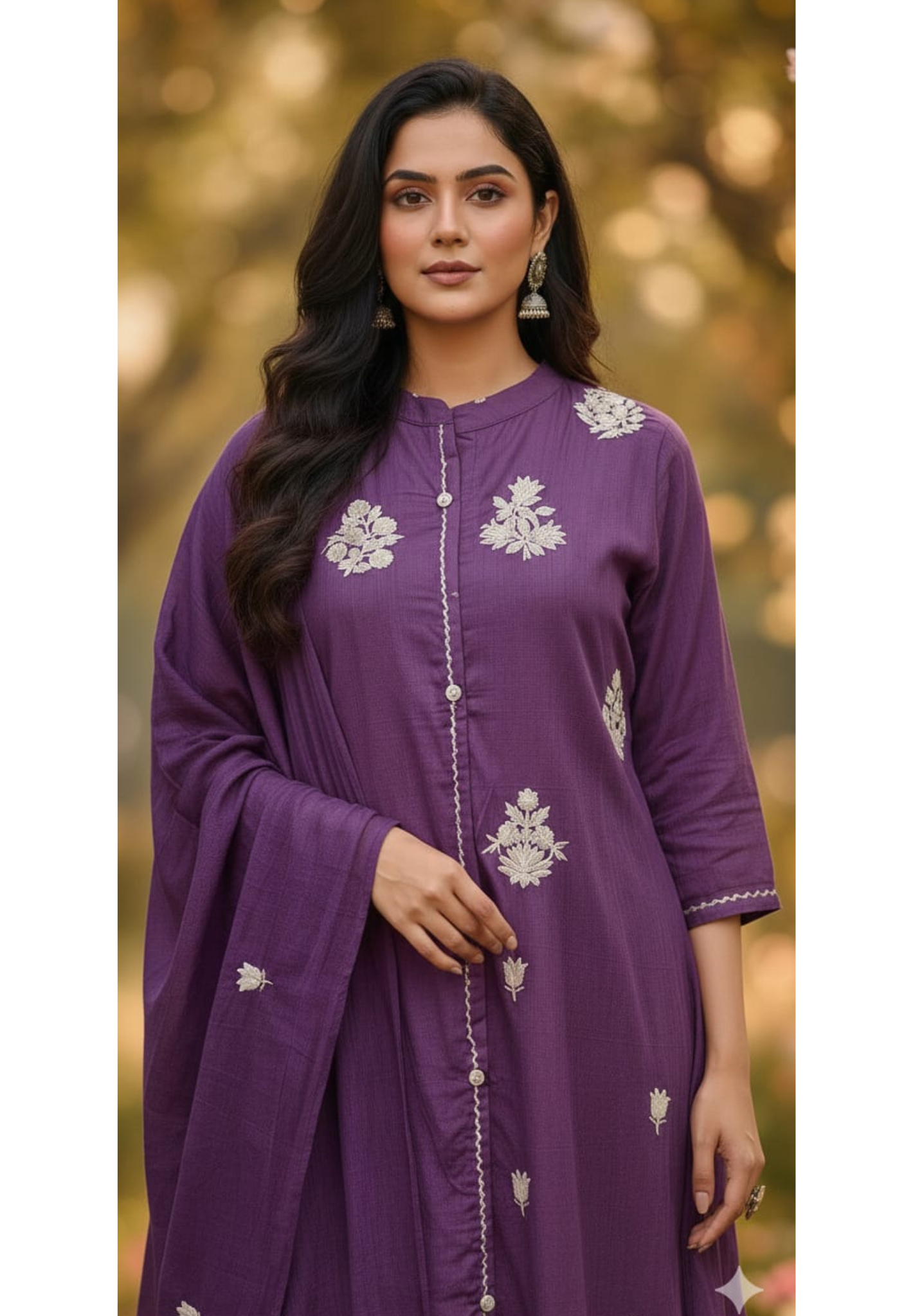 Pure Thread Embroidery Mandarin Collared Cotton Full Suit Set With Dupatta- 13206