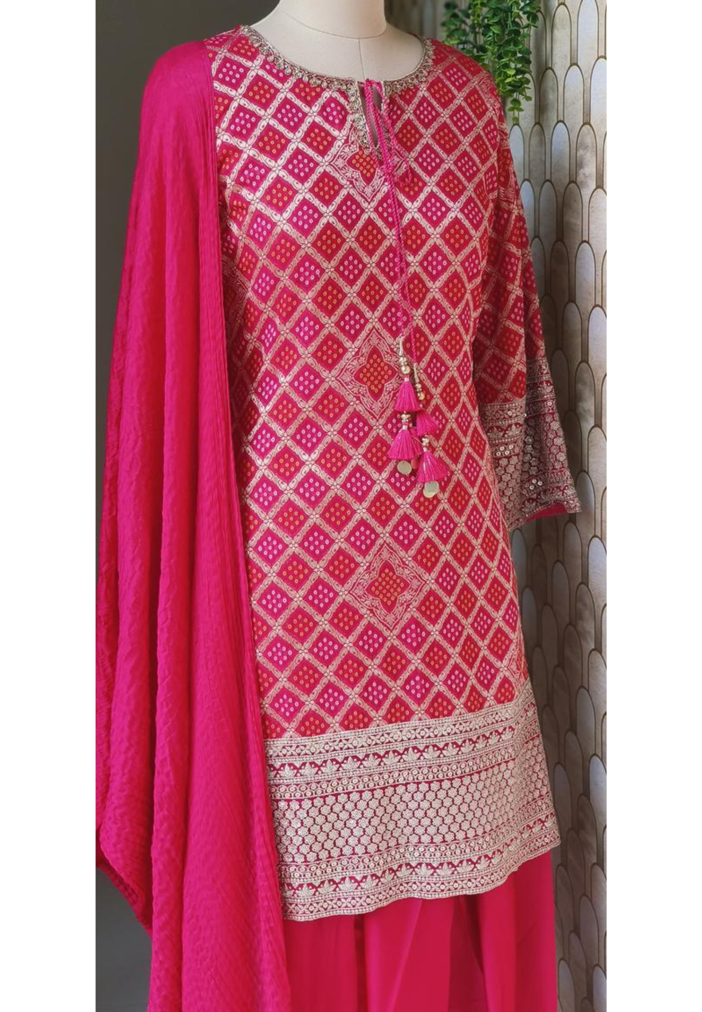 Jaipuri Charm Bandhani-Inspired Diamond Print Royal Rani Full Suit Set With Tulip Bottom & Dupatta- 12837