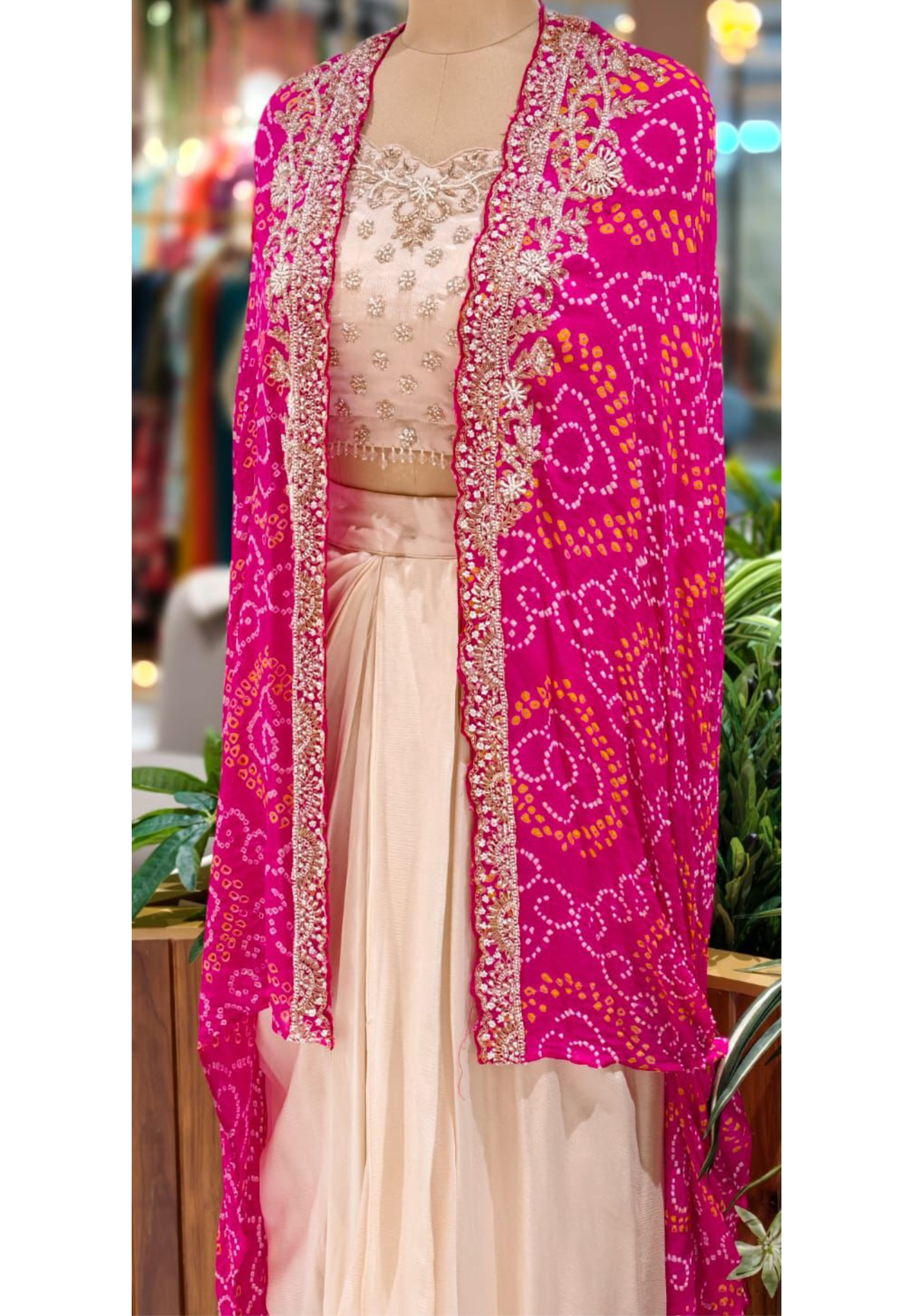 Rich Handwork Tasseled Crop-Top With Drape Skirt & Bandhani Print Vibrant Shrug- 12791