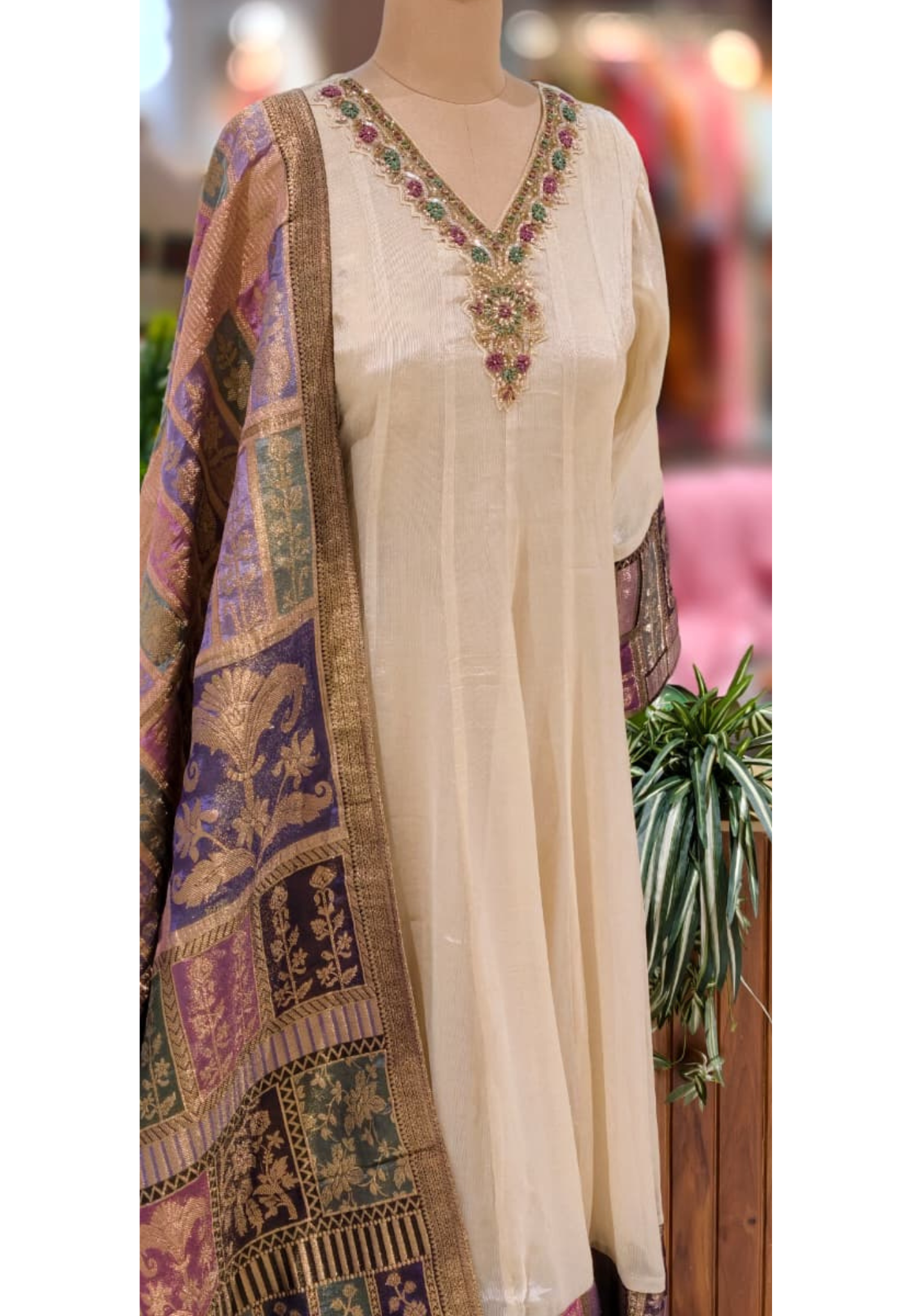 Banarasi Weavin Brocade Panel Anarkali Full Suit Set With Design Over Neck-13235