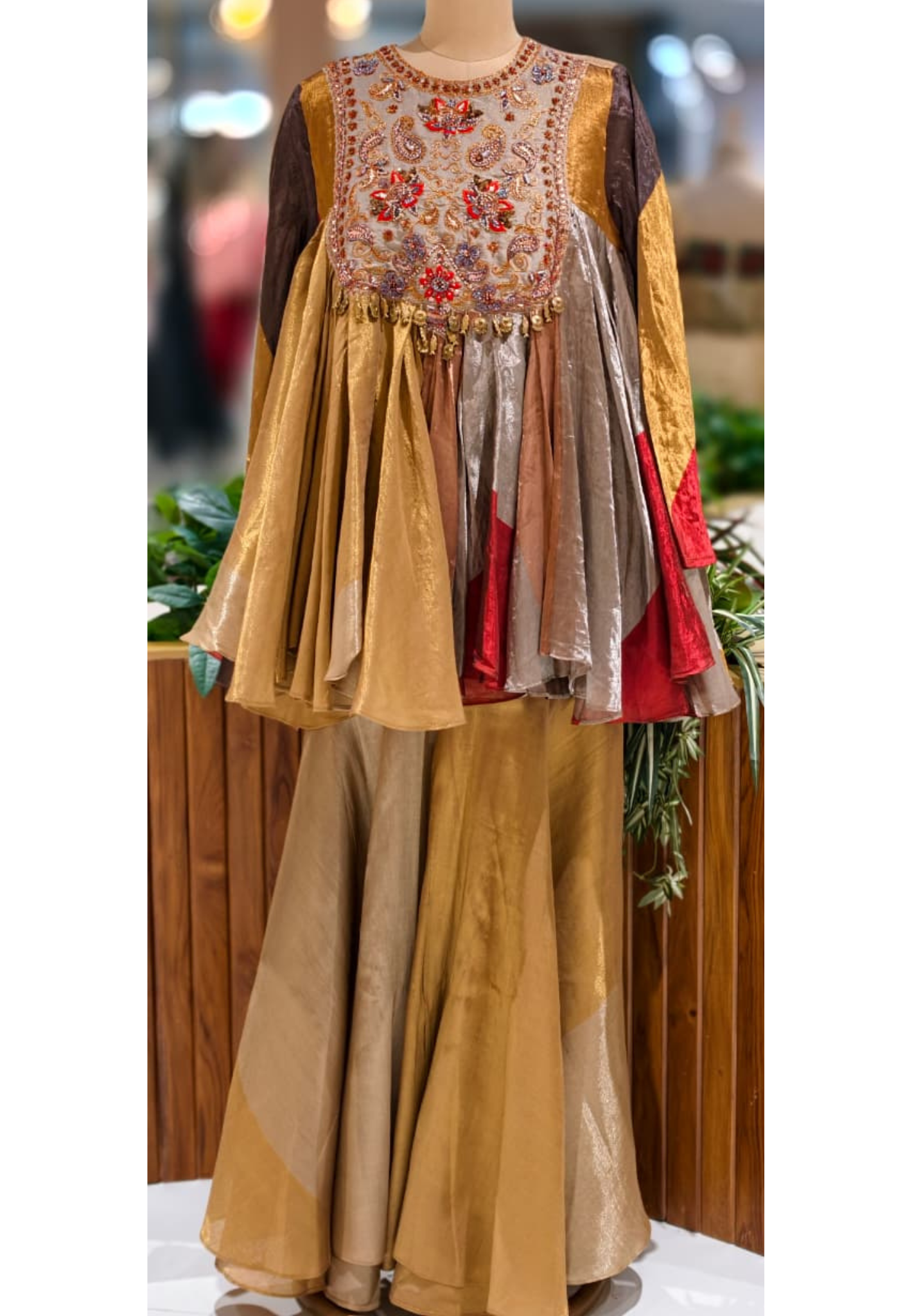 Premium Tissue Luxury Flared Peplum Style Zardosi Kurta With Tapered Palazzo Bottom