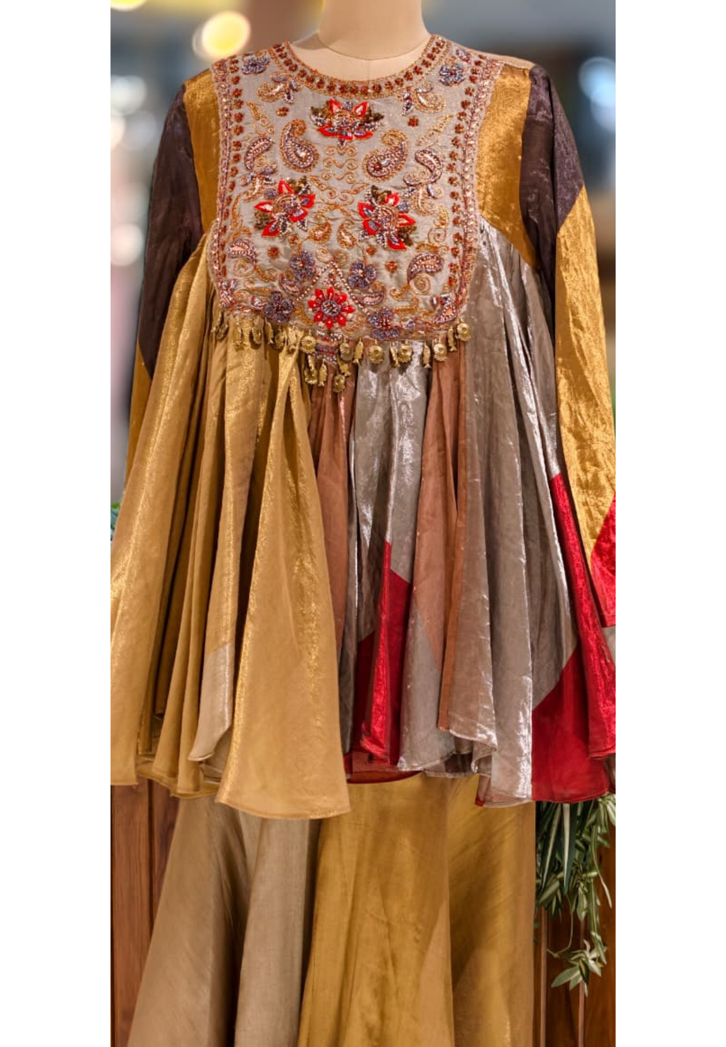 Premium Tissue Luxury Flared Peplum Style Zardosi Kurta With Tapered Palazzo Bottom