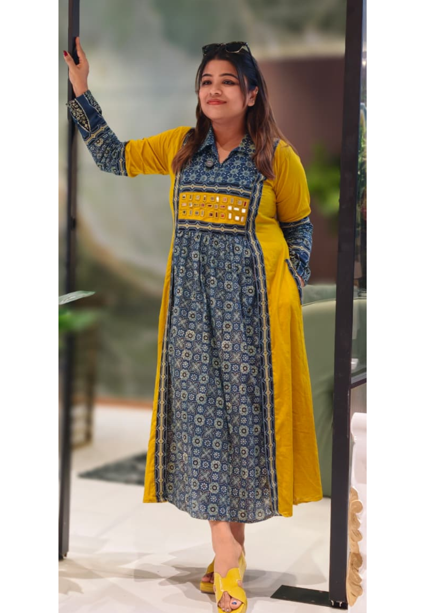 Ajrak Print Real Mirror Yoke Ankle Length Frock In Cotton Fabric-13284(Dispatching after 15 days)