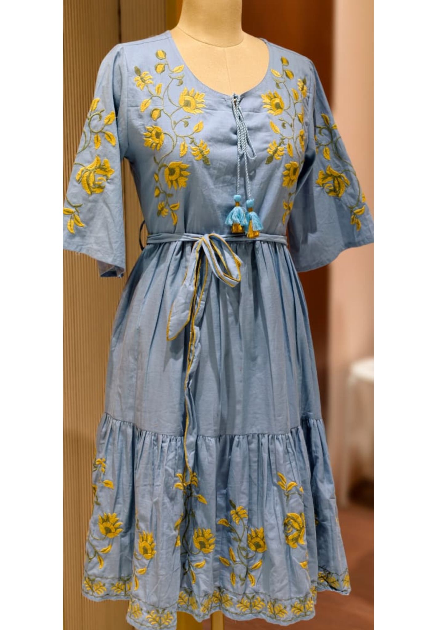 Meadow Grace Floral Thread Embroidered Flared Ankle Length Cotton Frock With Belt-13299