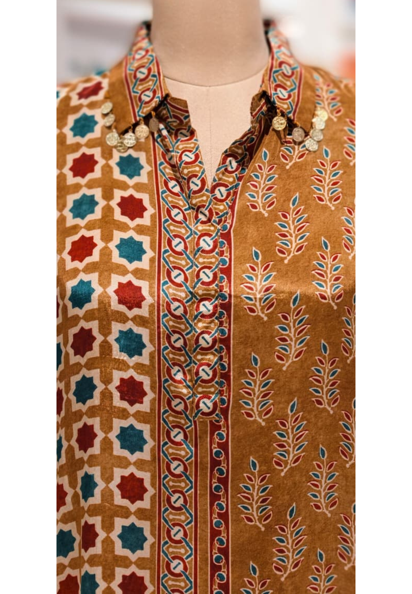 Mustard Elegance Ajrakh Print Crepe Shirt Only-13214