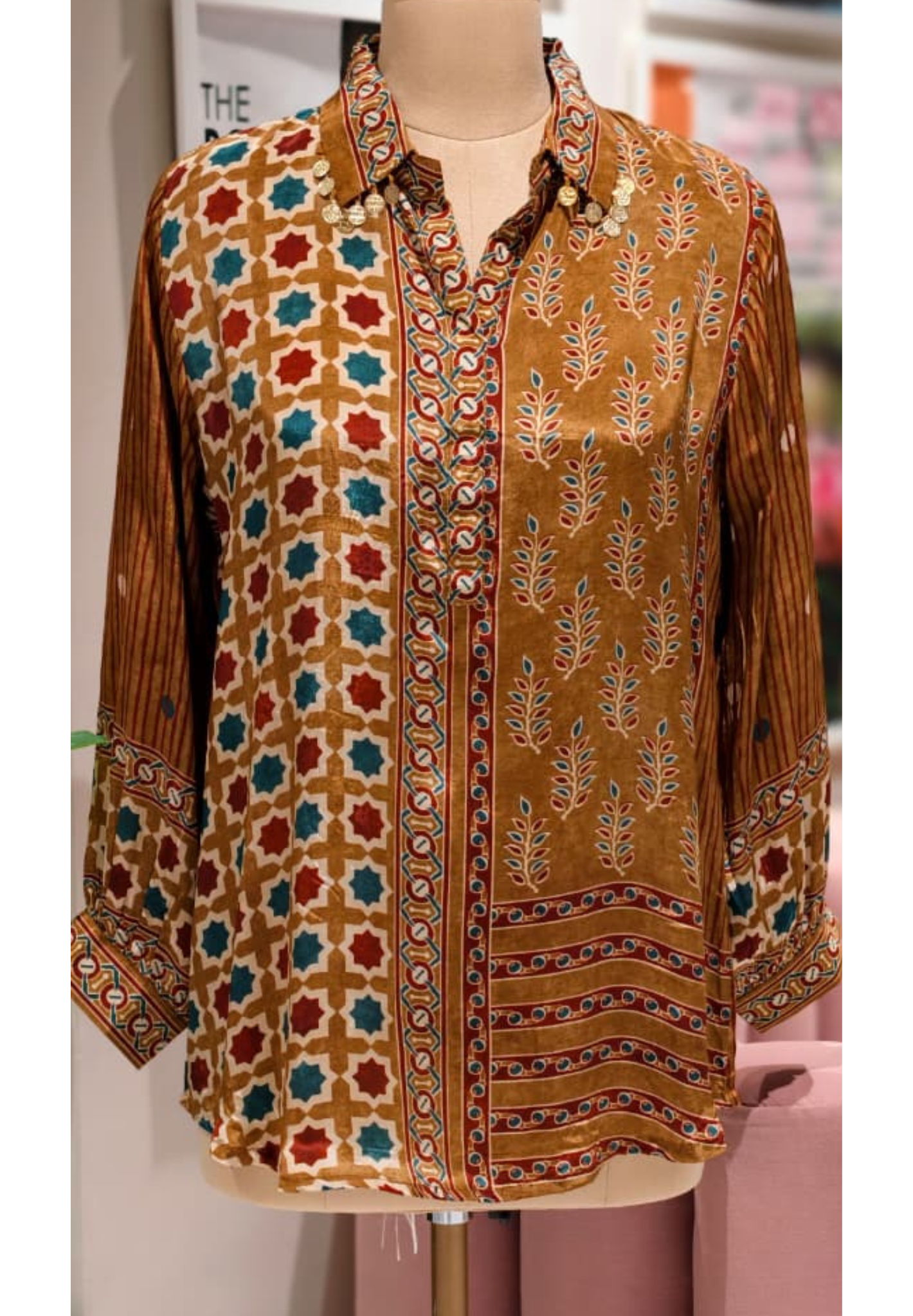 Mustard Elegance Ajrakh Print Crepe Shirt Only-13214