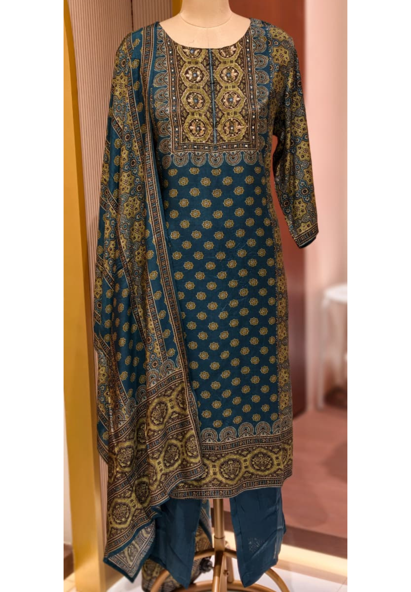 Classic Teal Ethnic Ajrakh Print Full Suit Set With Dupatta In Muslin Fabric- 13290