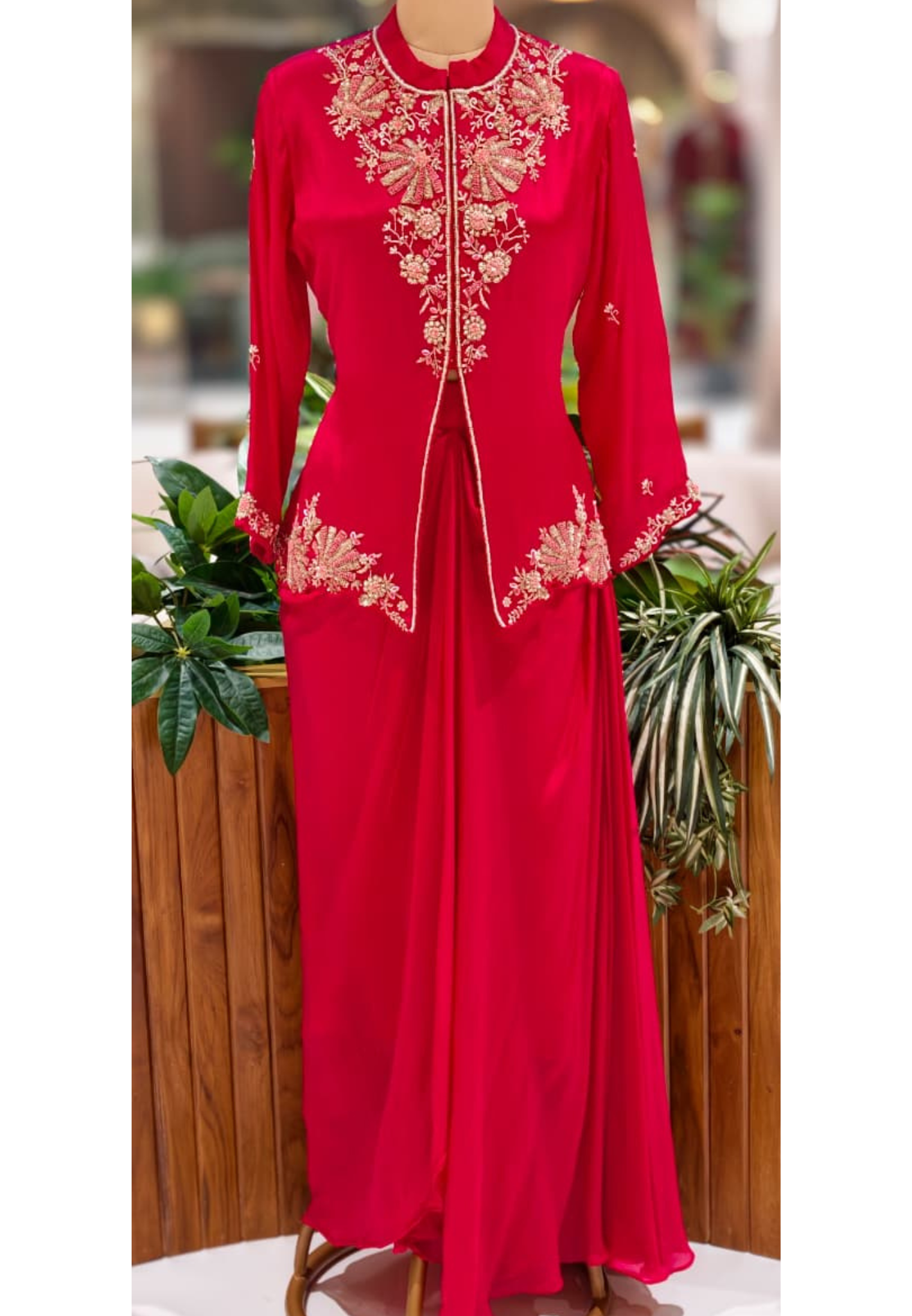 Ruby Blossom Hand-Embroidered Front Slitted Kurta With Drape Skirt Bottom In Chinon Fabric