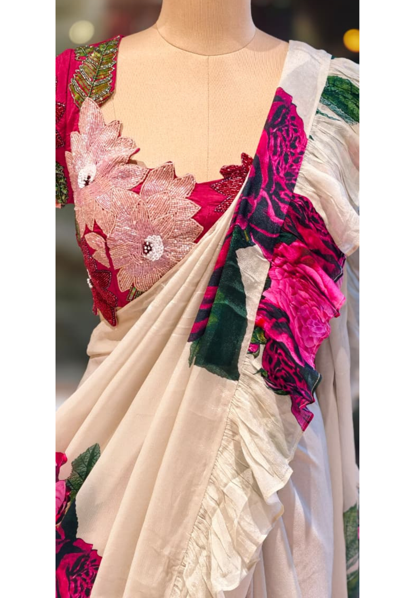 Carnival Inspired Floral Cut-Work Stitched Blouse With Digital Rose Printed Designer Ruffled Saree- 13332