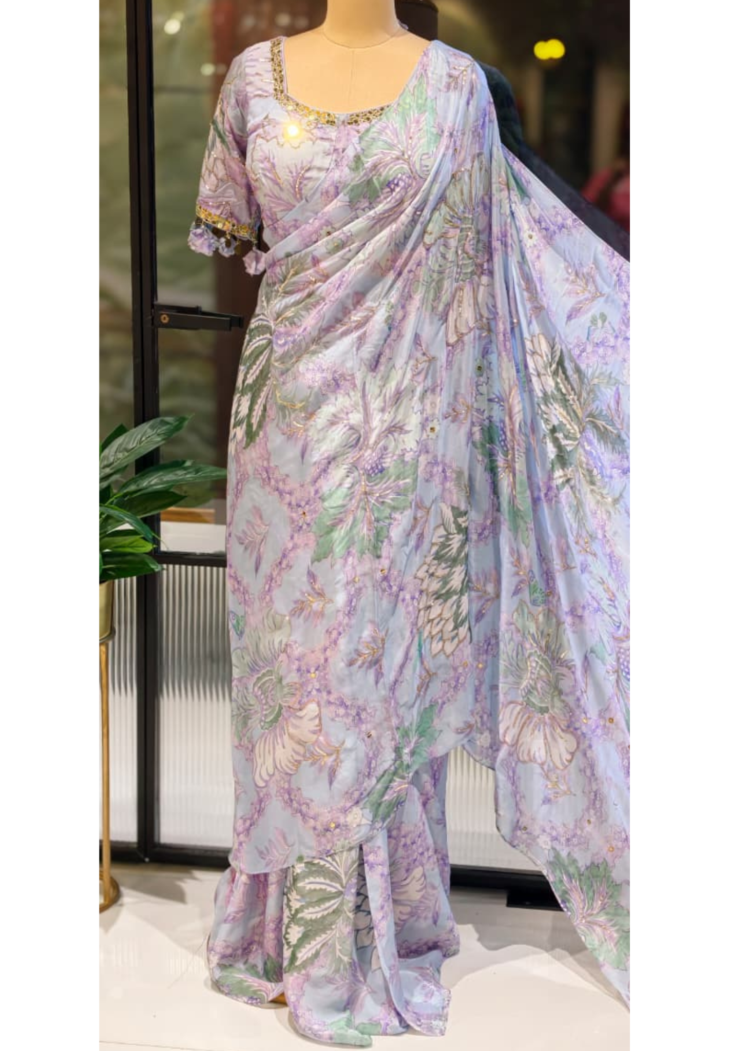 Pastel Floral Print With Delicate Embellishment Designer Saree With Stitched Blouse- 13340