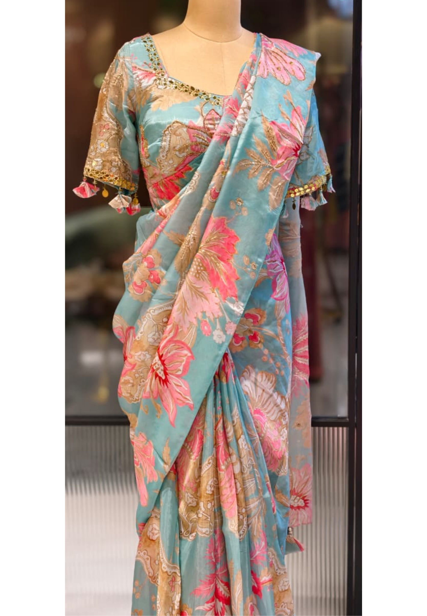 Cut-Dana Highlight Floral Print Sequin Upwork Designer Saree With Stitched Blouse- 13339