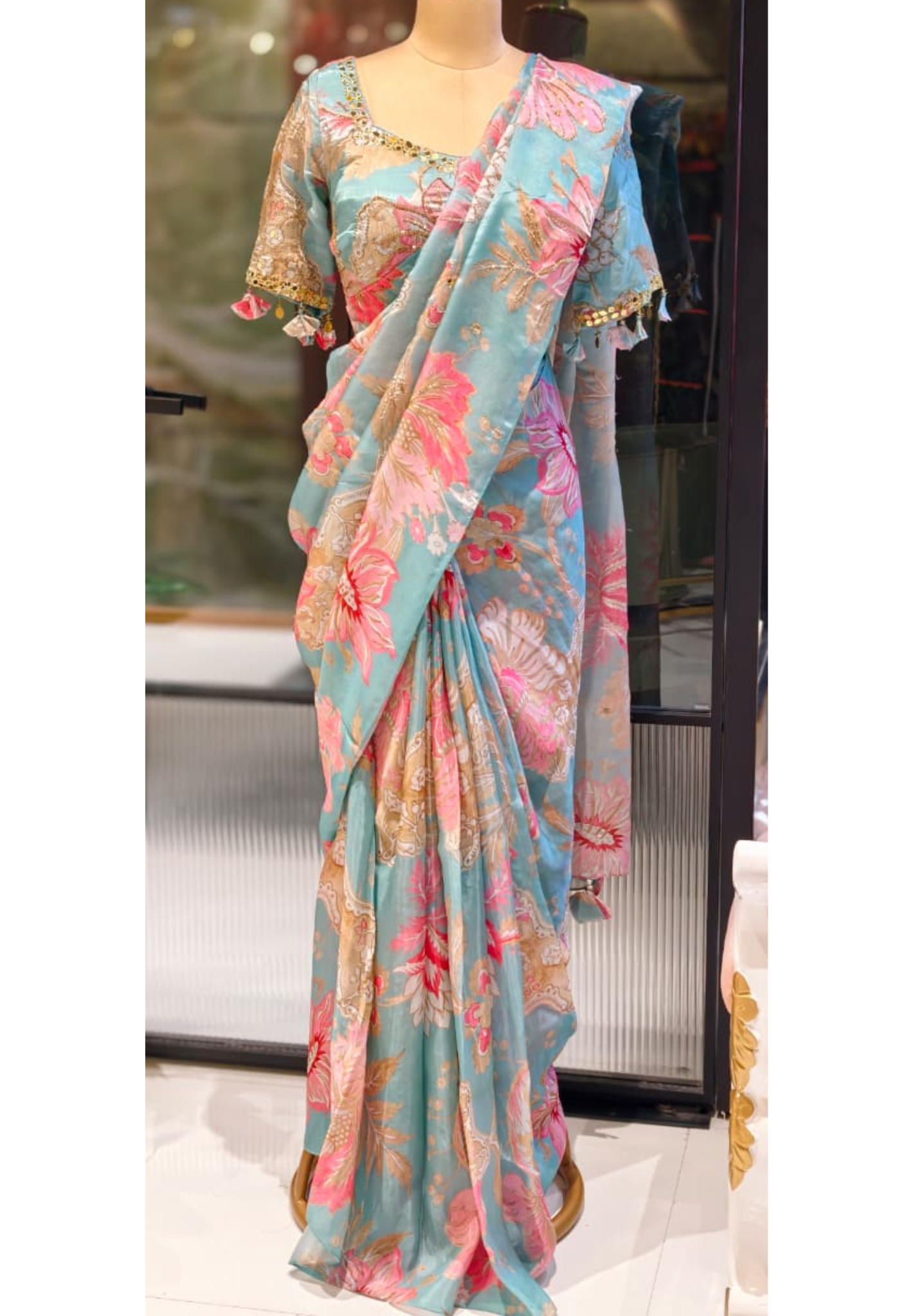 Cut-Dana Highlight Floral Print Sequin Upwork Designer Saree With Stitched Blouse- 13339