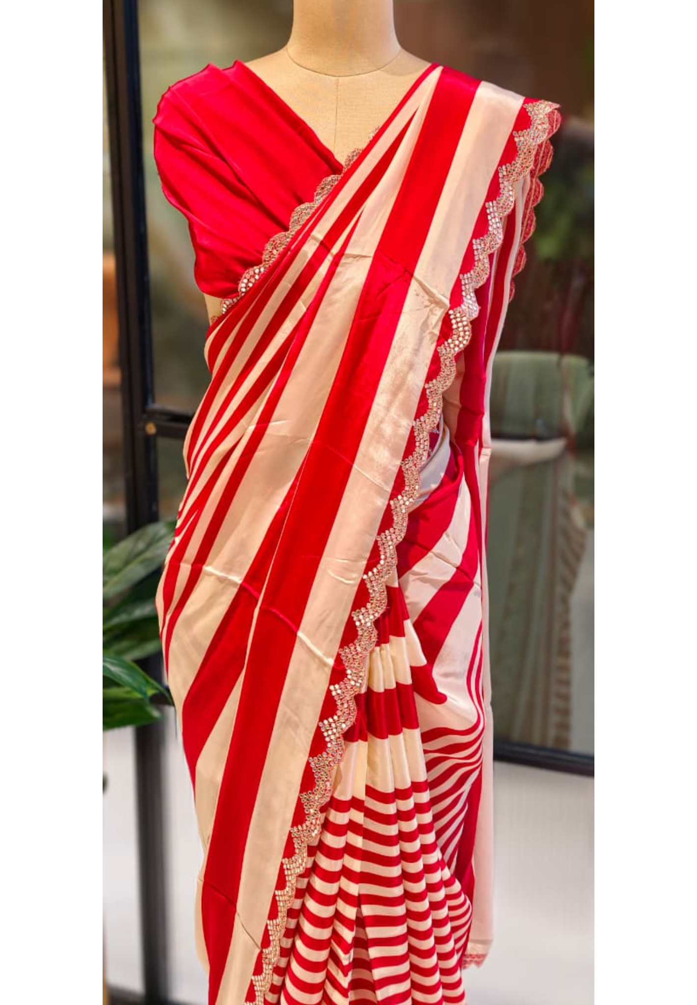 Ruby Stripe Elegance Scarlet Striped Designer Saree With Unstitched Blouse- 13344