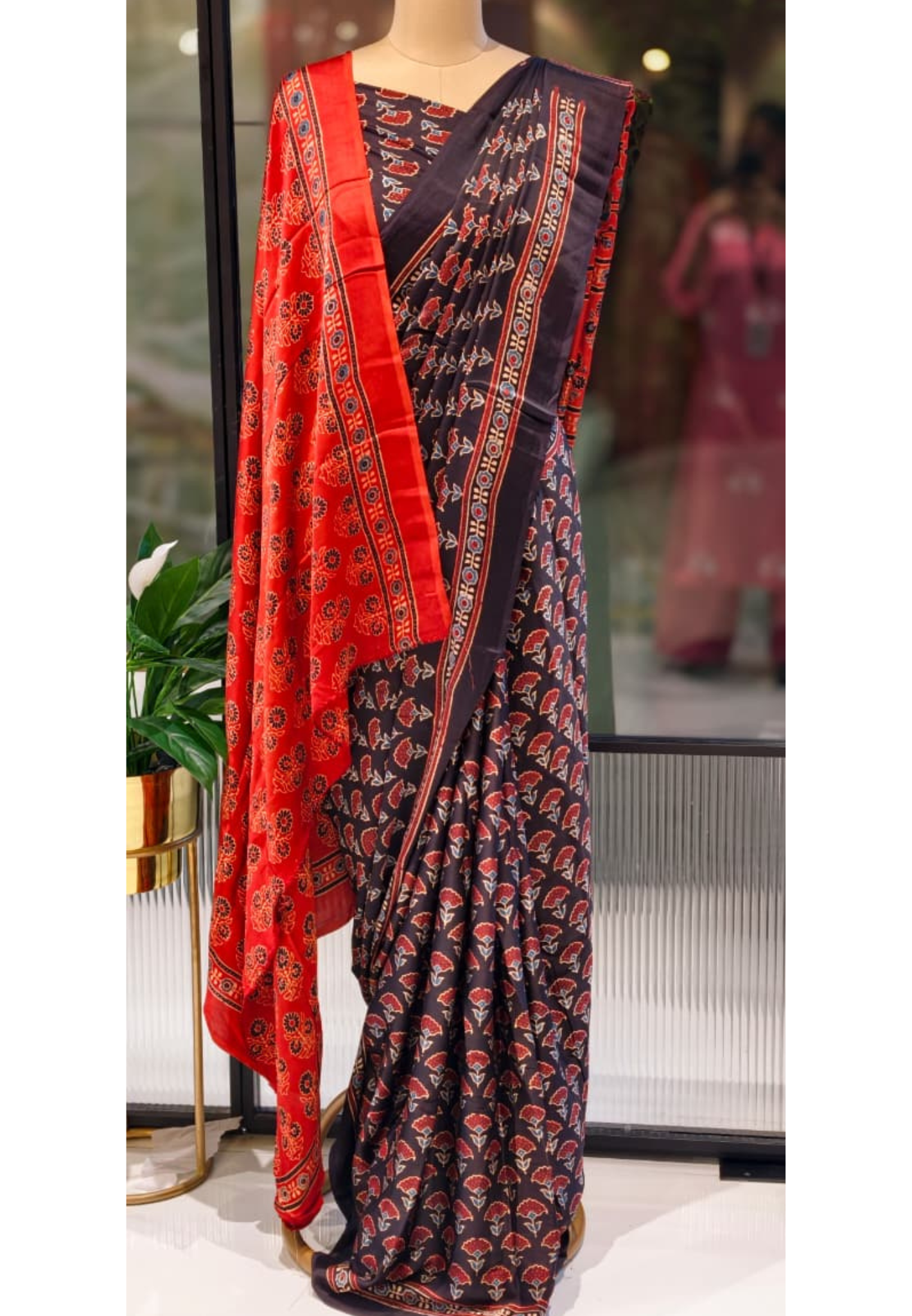 Vanika Floral Ethnic Print Dark Shade Saree With Unstitched Blouse