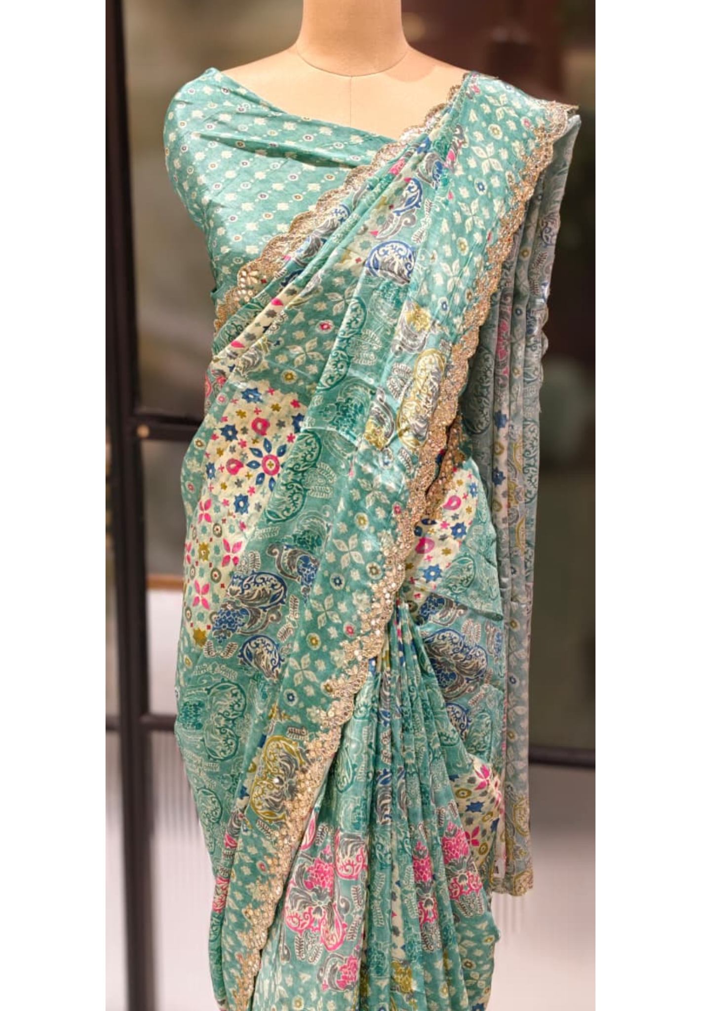 Dreamy Ethereal Aqua Multi Floral Printed Saree With Unstitched Blouse- 13343