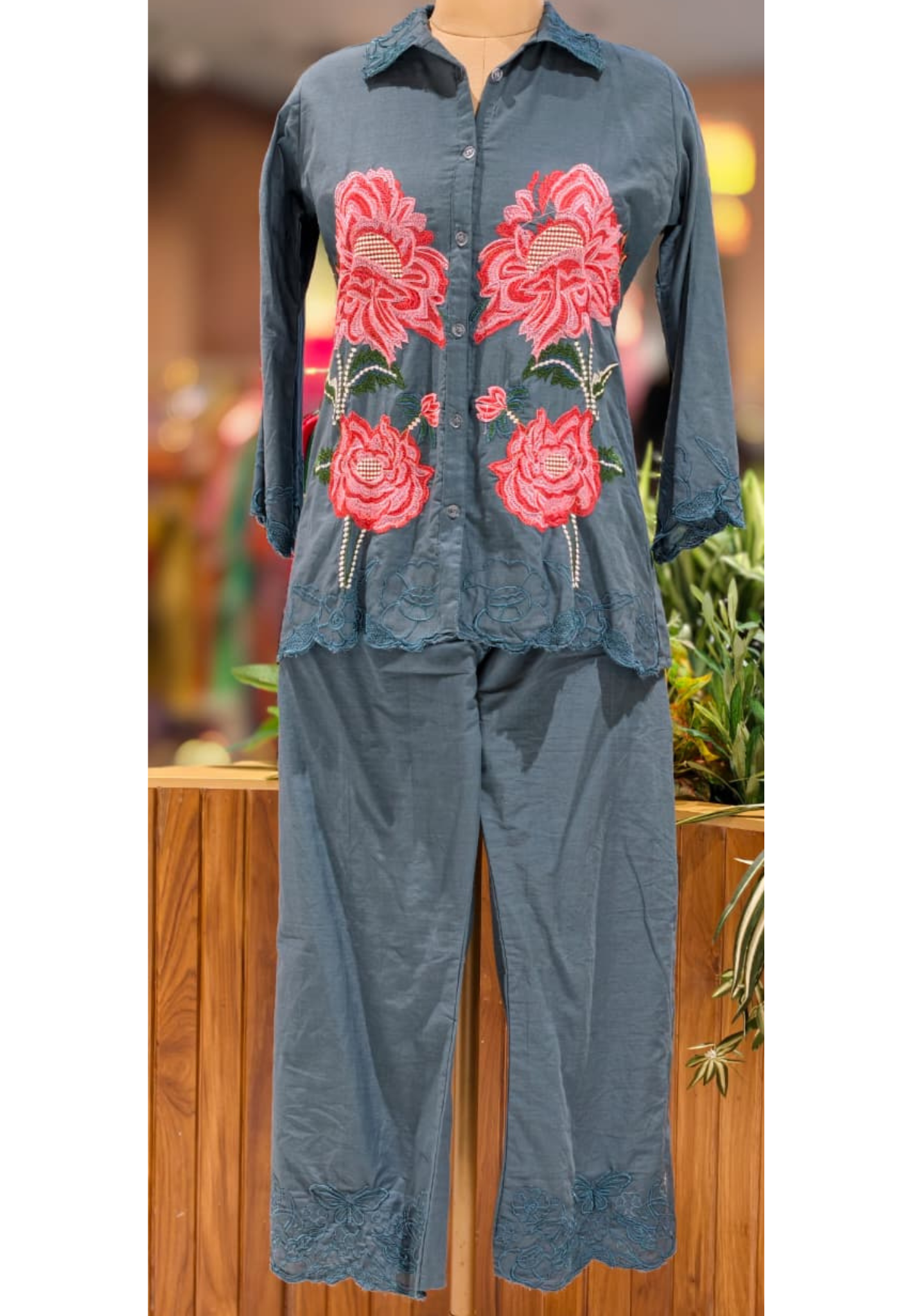 Floral Patched Colorful Embroidery Solid Co-Ord Set In Slub Cotton Fabric- 13102