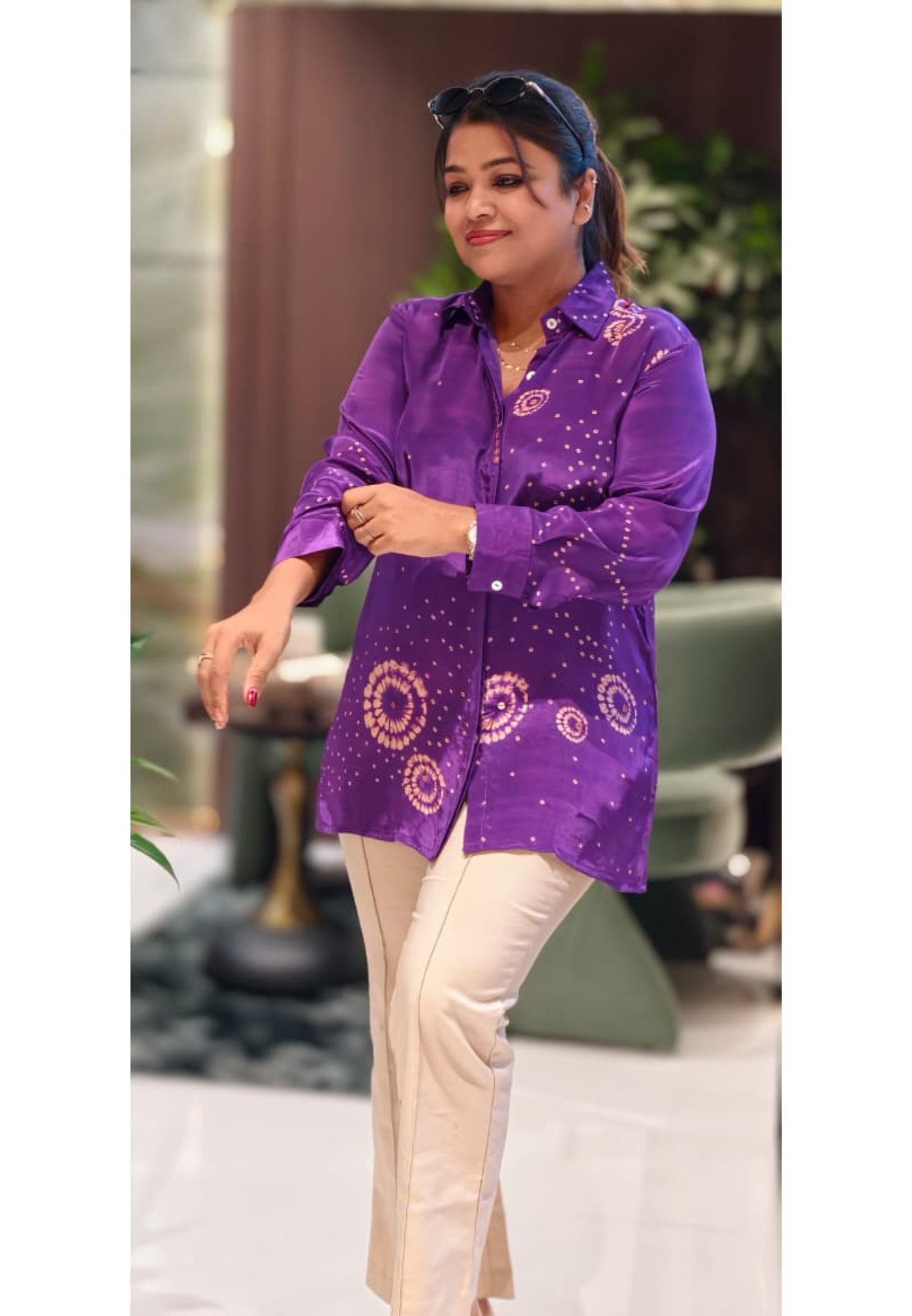 Scattered Bandhej Print Vibrant Crepe Collared Casual Shirt (Dispaching After 15 Days)