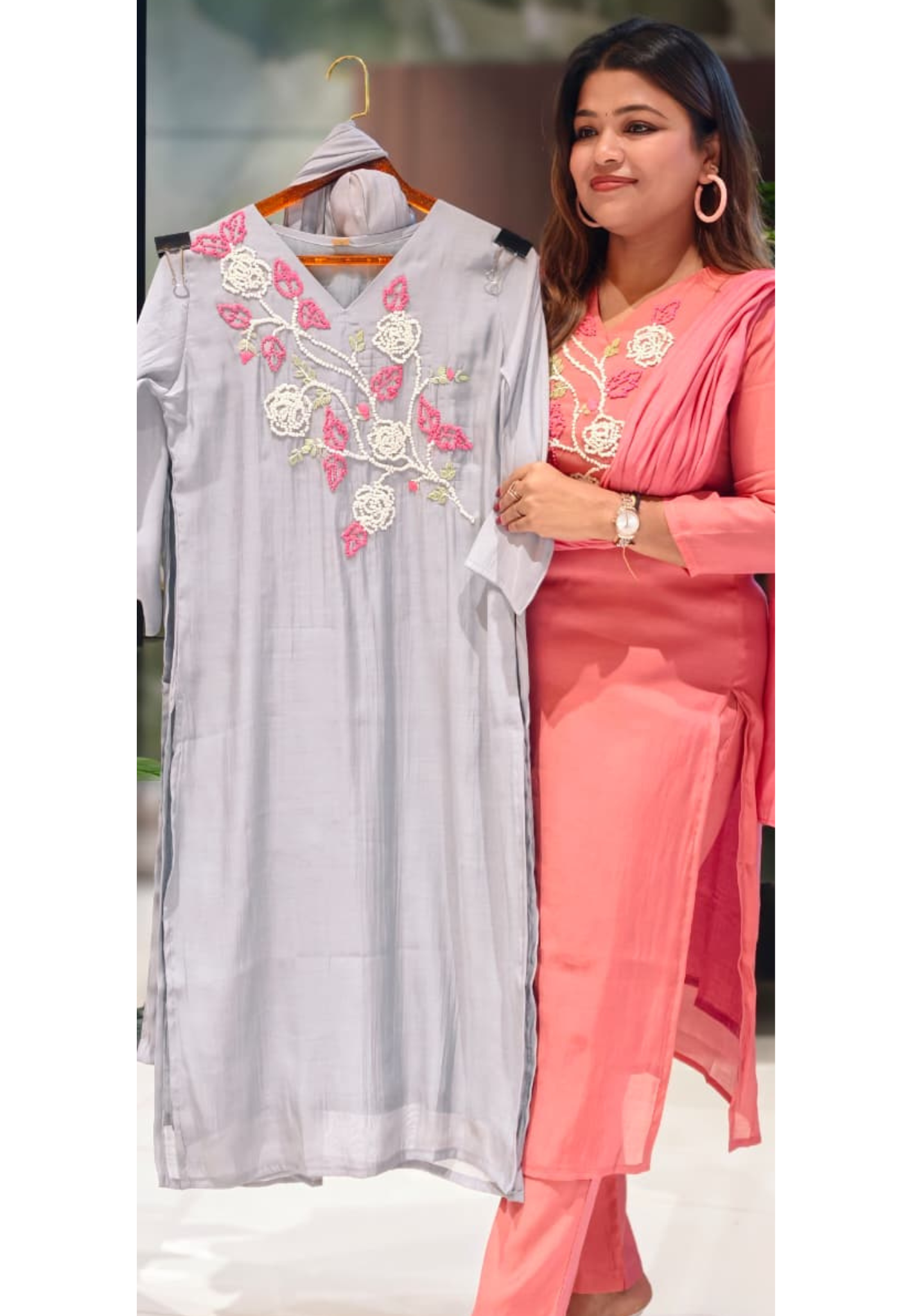 Solid Color Knotted Katha Stitch Floral Embroidery Surat Mul Chanderi Full Suit Set With Dupatta- 13412(Little Poky)