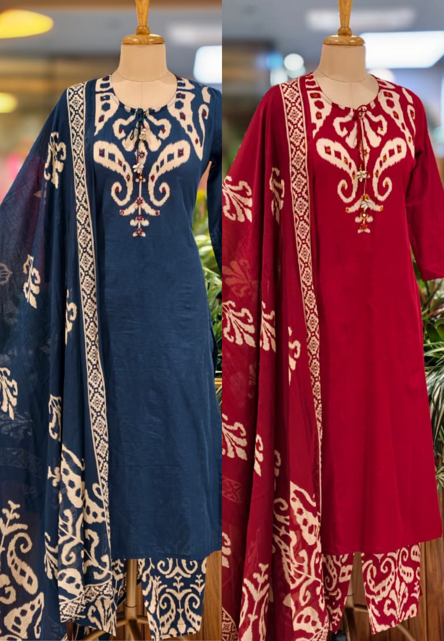 Ikkat Elegance Solid Bold Shade Cotton Full Suit Set With Dupatta- 13406