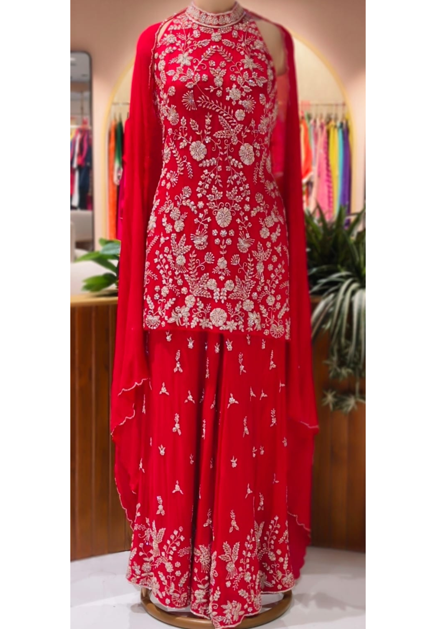 Party Wear Heavy Hand Work Ensemble Vibrant Tone Matching Sleeveless Kurta With Flared Palazzo Bottom