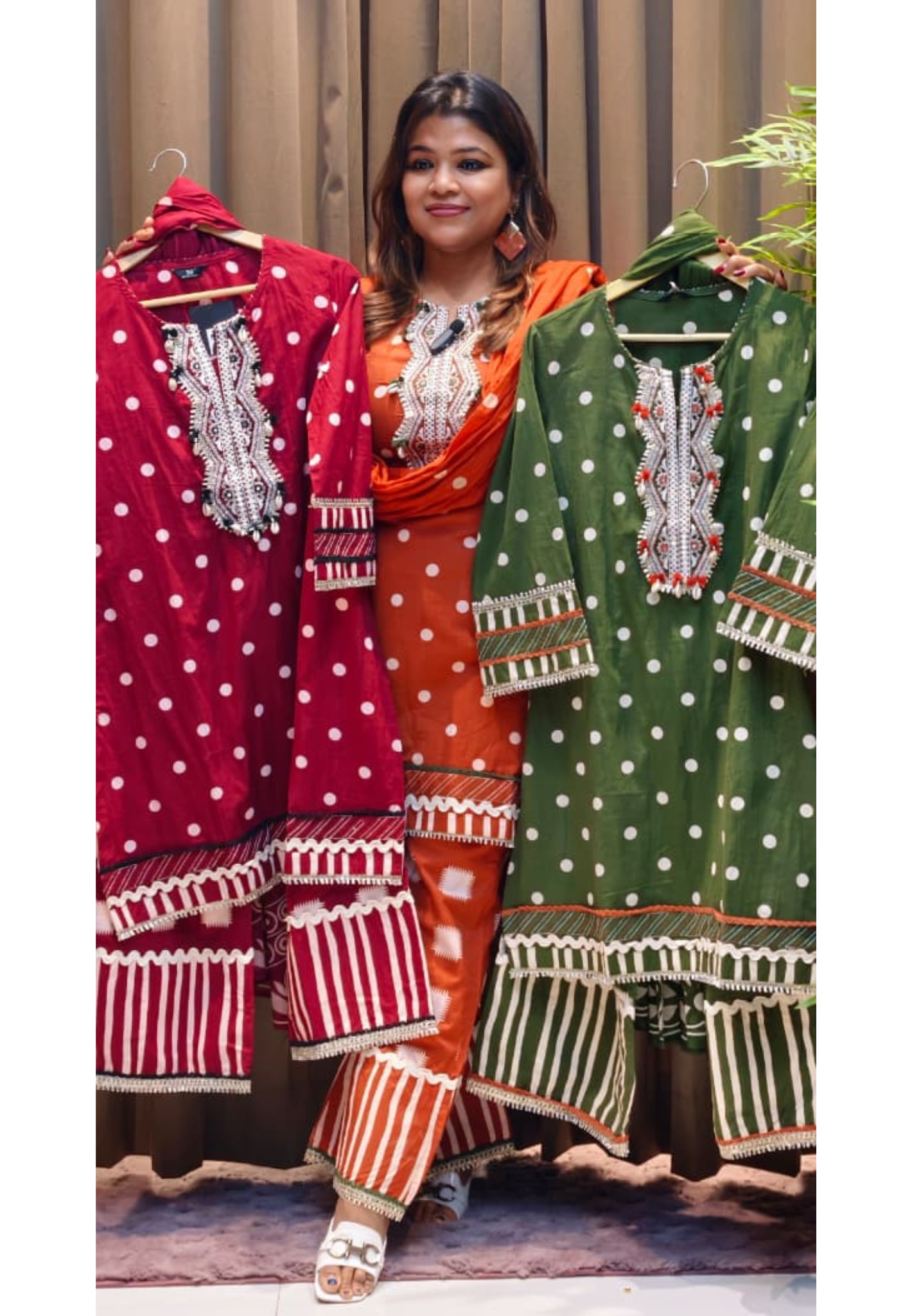 Boho Chic Daisy Embroidered Polka Dotted Full Suit Set With Dupatta In Cotton Fabric-13472