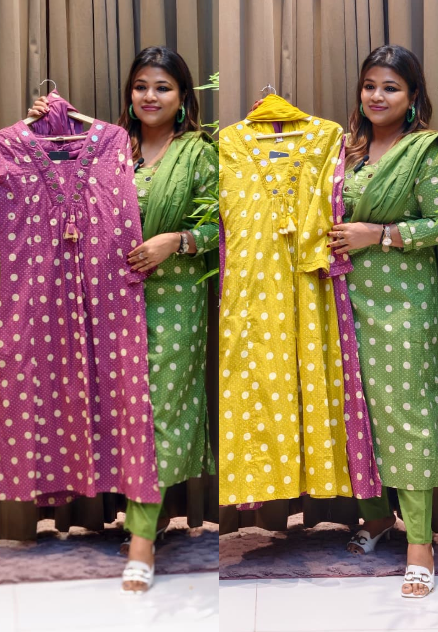 Mirror Neck Line Polka Dotted Full Suit Set With Dupatta In Cotton Fabric- 13452