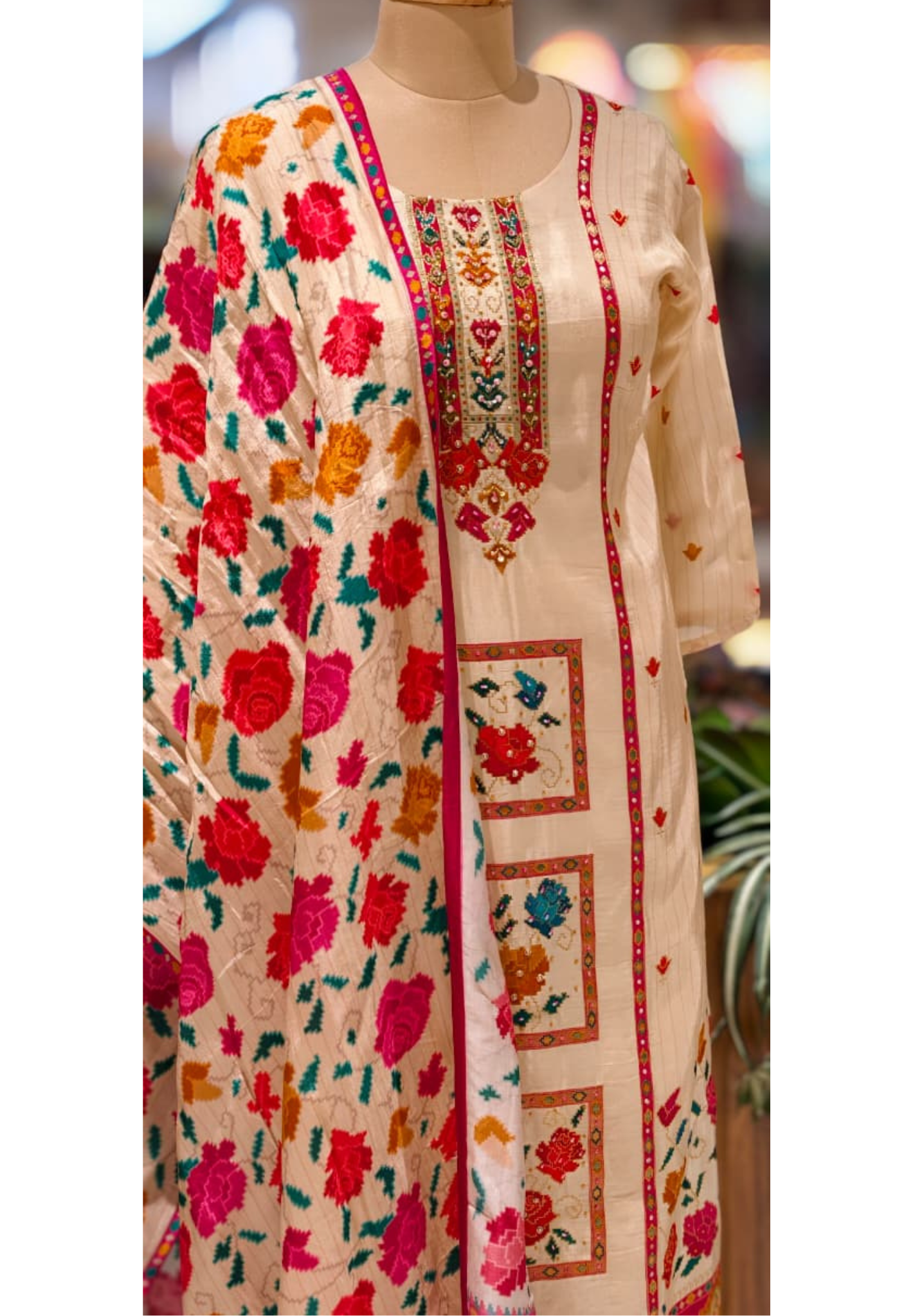Midnight Bloom Intricate Multicolor Detailing Full Suit Set With Dupatta In Dola Silk Fabric- 13429