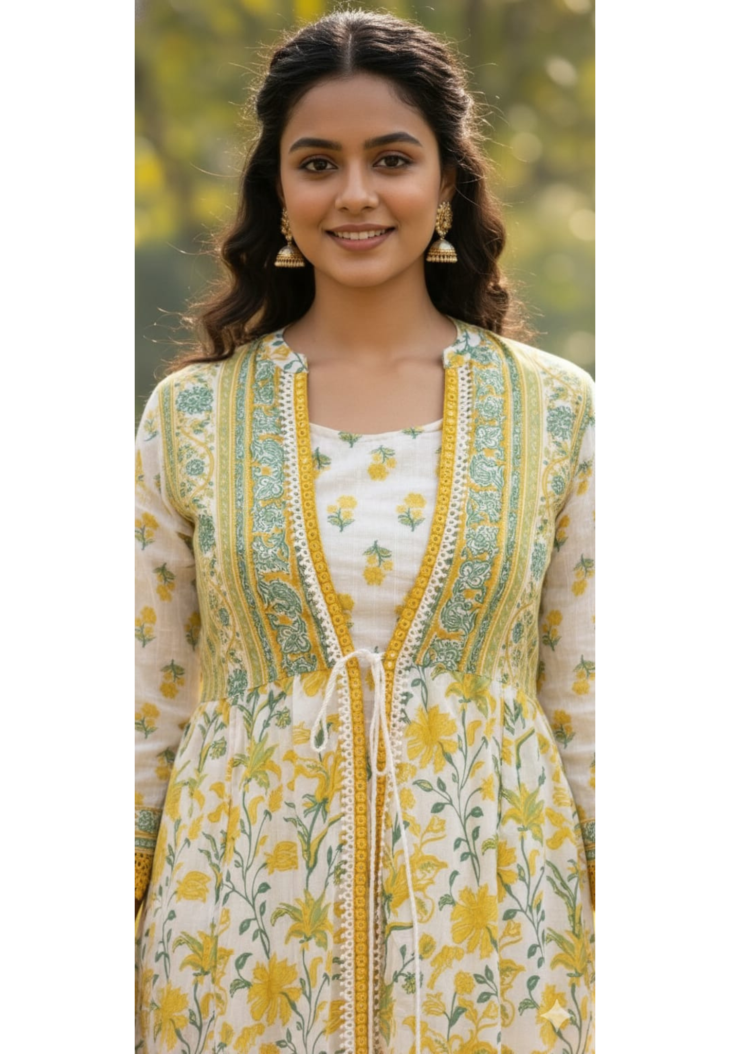 Breezy Floral Print Jacket Look Attached Ankle Length Frock In Cotton Fabric-13515