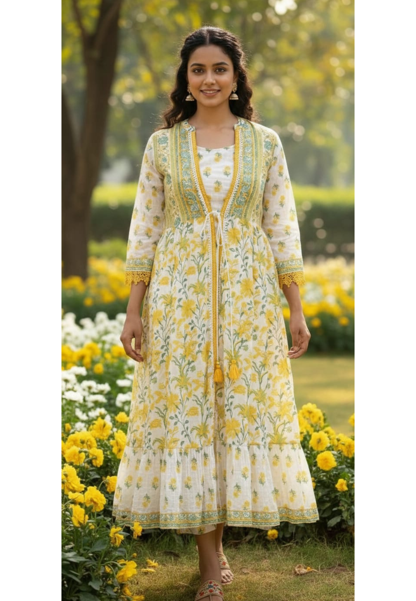 Breezy Floral Print Jacket Look Attached Ankle Length Frock In Cotton Fabric-13515
