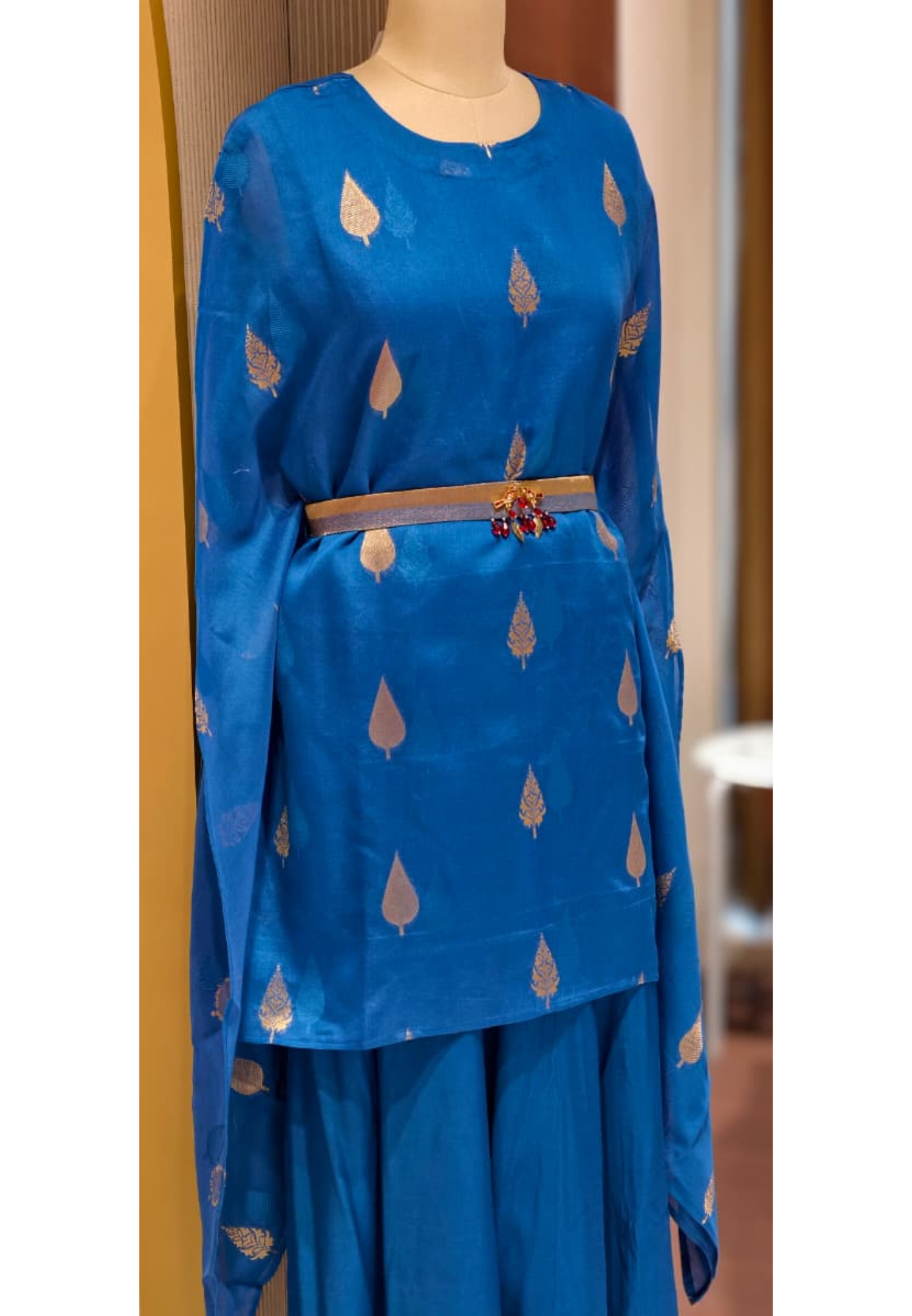 Royal Blue Leafy Brocade Touch Kaftan Look Indo-Western With Bottom & Separate Belt- 13460
