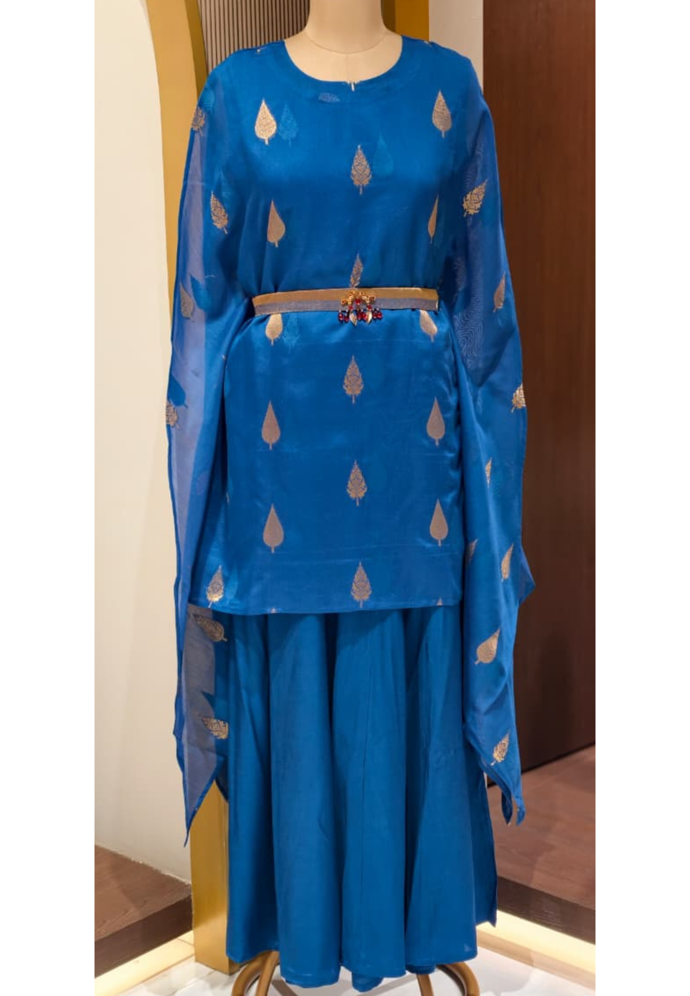 Royal Blue Leafy Brocade Touch Kaftan Look Indo-Western With Bottom & Separate Belt- 13460
