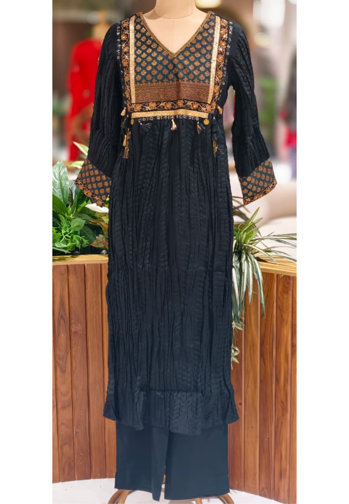 Stylish Pure Brocade Touch Designer Black Crush Look Kurta With Bottom- 13462