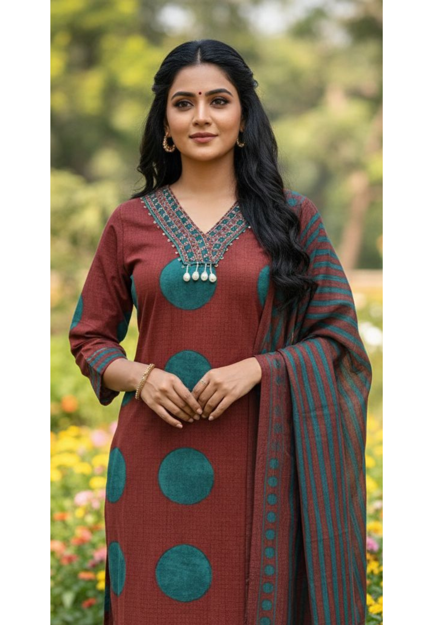 Beautiful Neck Line Coin Tassels Rounded Print Cotton Full Suit Set With Dupatta-13482