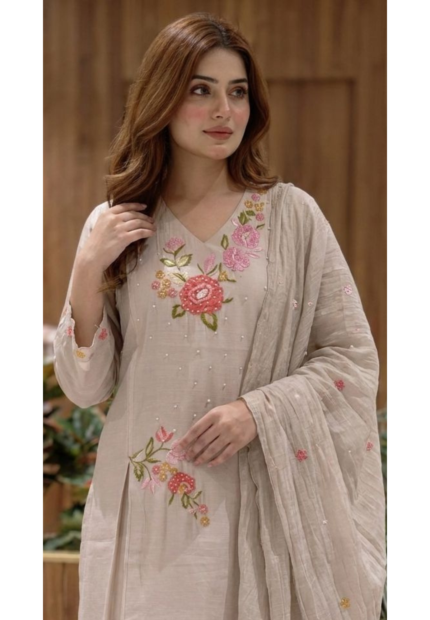 Slightly Lean Fit Suttle Floral Embroidery With Pearl Upwork A-Line Full Suit Set With Dupatta In Surat Mul Chanderi Fabric- 13609 (Slightly Lean Fit)