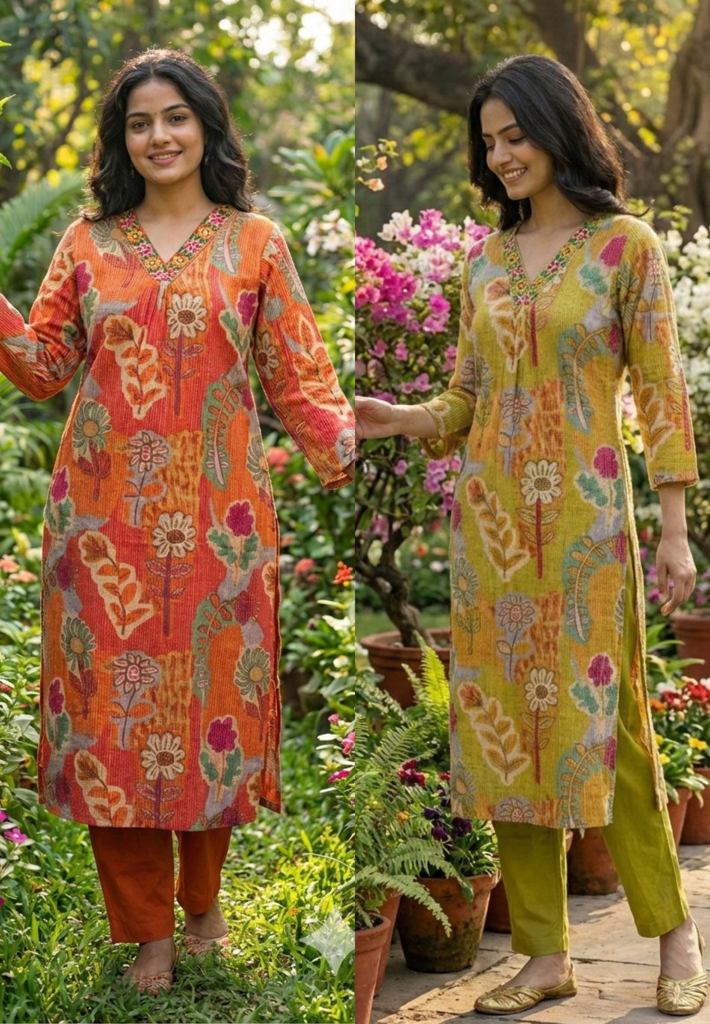 Cute Floral Patch Artistry Print Kurta Pant Set In Cotton Fabric- 13470
