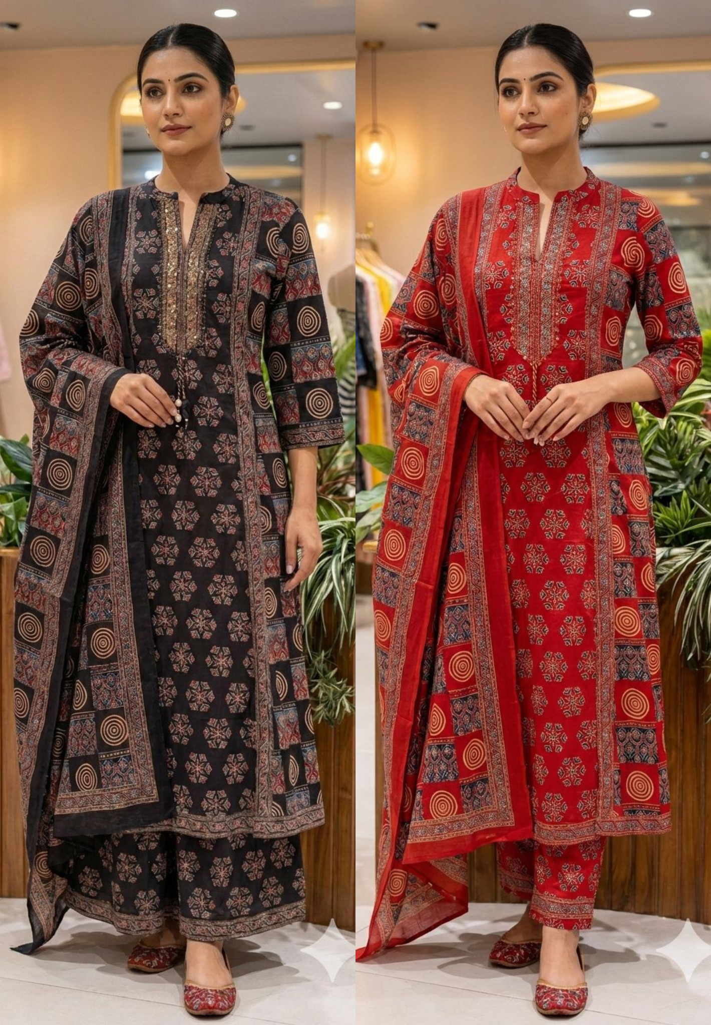 Rajasthani Boho Print Minimal Neck Line Anarkali Full Suit Set With Dupatta In Cotton Fabric- 13590