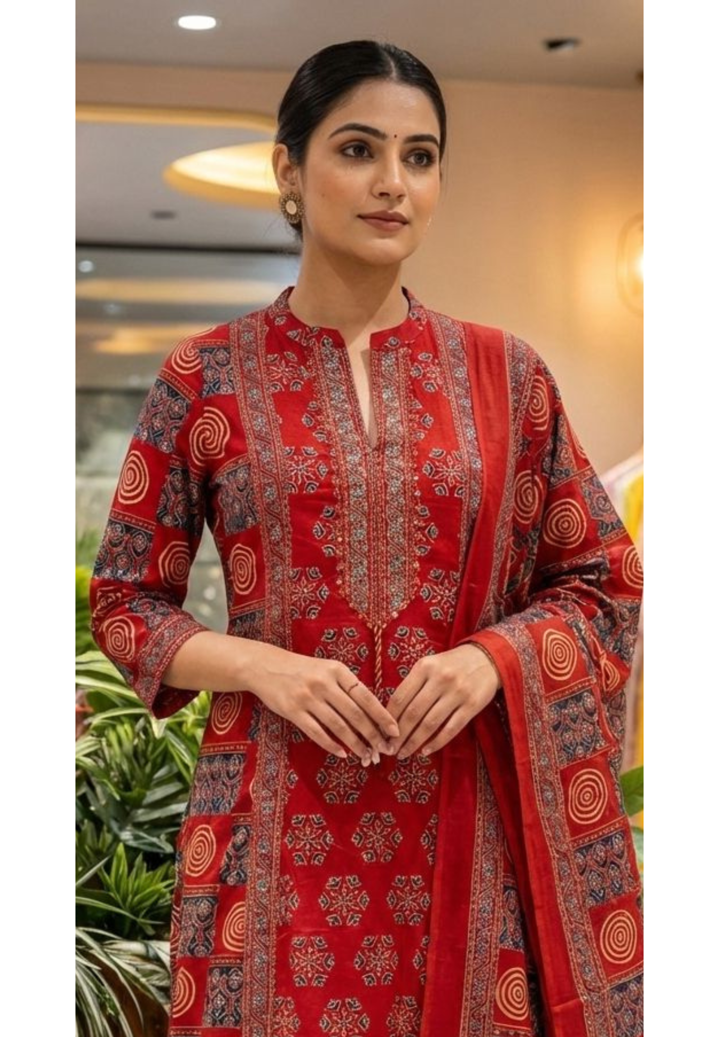 Rajasthani Boho Print Minimal Neck Line Anarkali Full Suit Set With Dupatta In Cotton Fabric- 13590