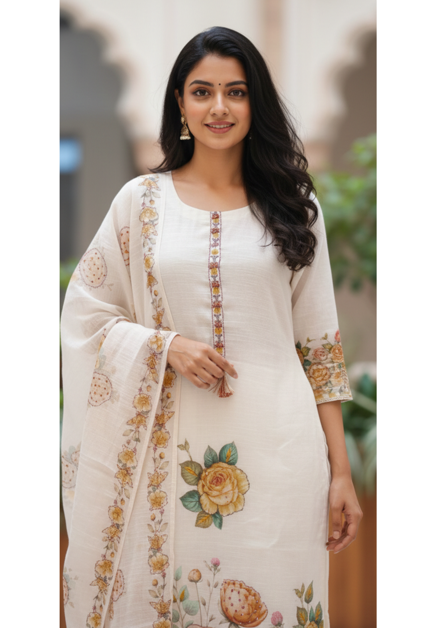 Digital Floral Print Sequin Upwork Neck Line Full Suit Set With Dupatta In Linen Fabric- 13510