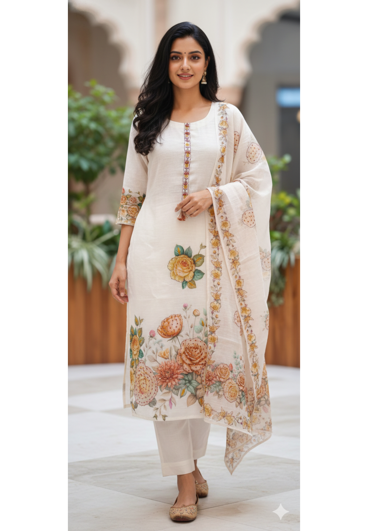 Digital Floral Print Sequin Upwork Neck Line Full Suit Set With Dupatta In Linen Fabric- 13510