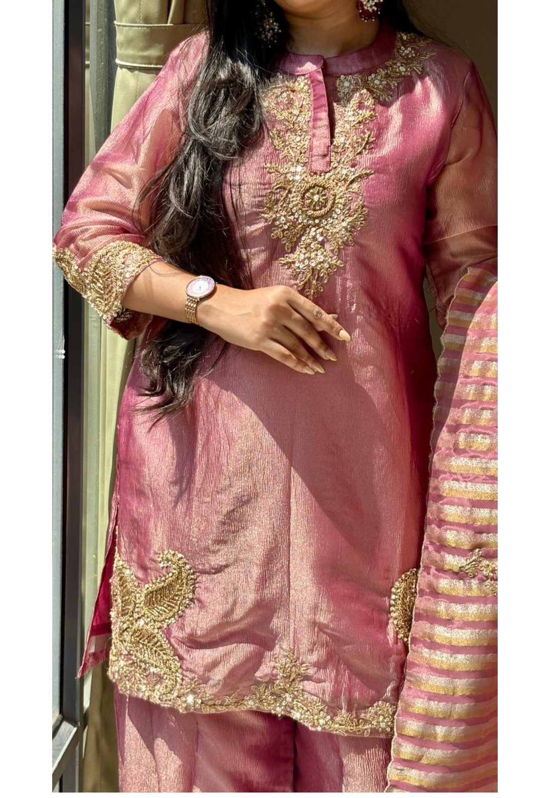 Lean Fit Elegant Zarina Golden Intricate Embroidery Tissue Full Suit Set With Striped Dupatta- 13307