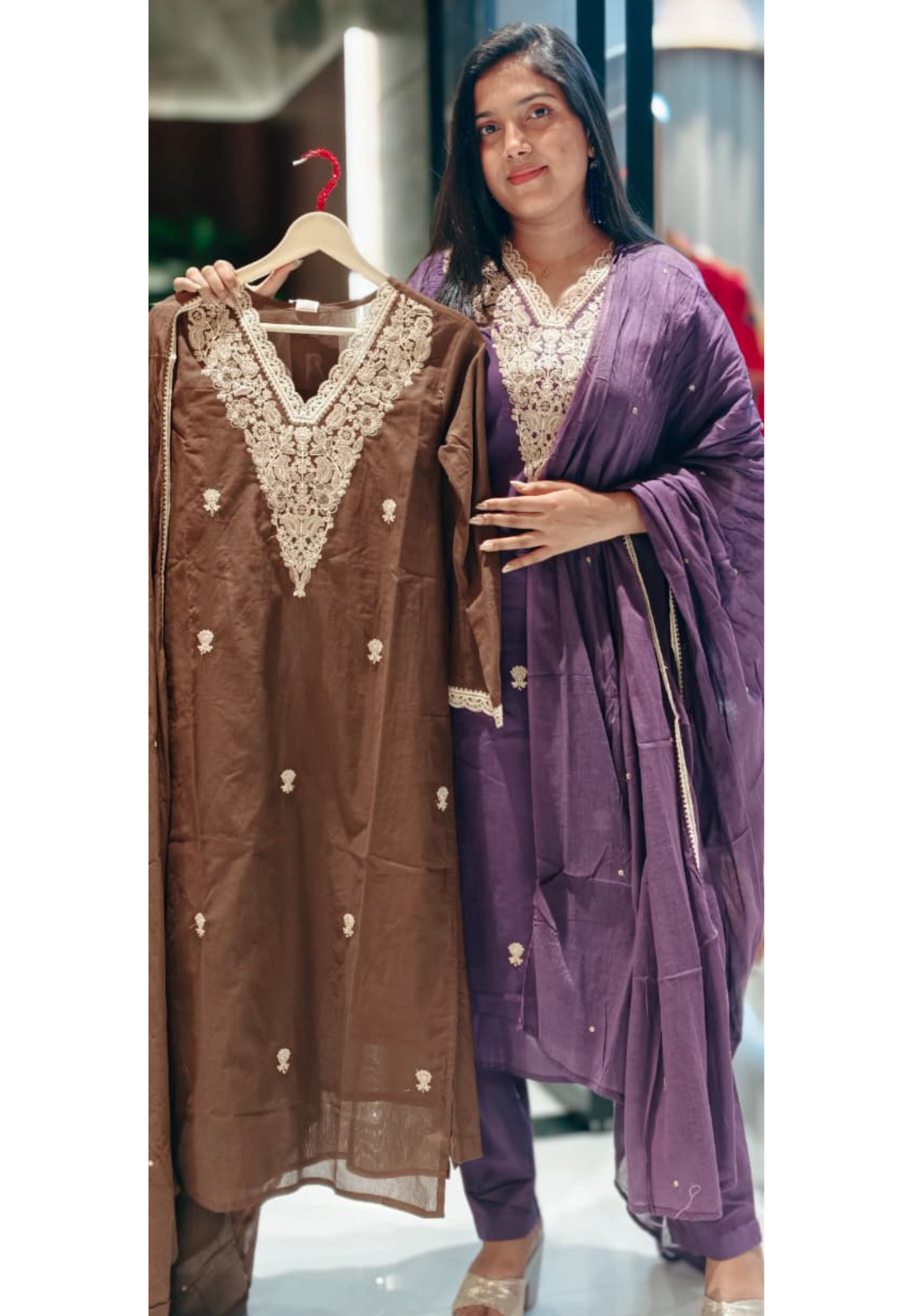 Scalloped Thread Embroidery Blend Cut-Work Neck Line Cotton Full Suit Set With Dupatta- 13585