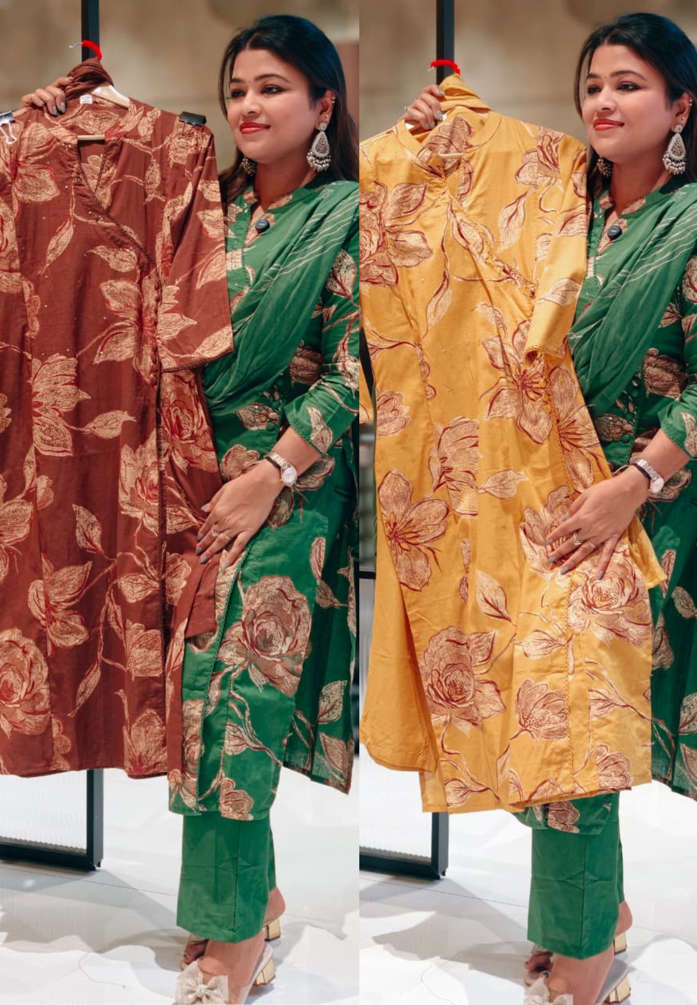 Angrakha Style Leafy Petal Heritage Printed Full Suit Set With Dupatta In Cotton Fabric- 13643