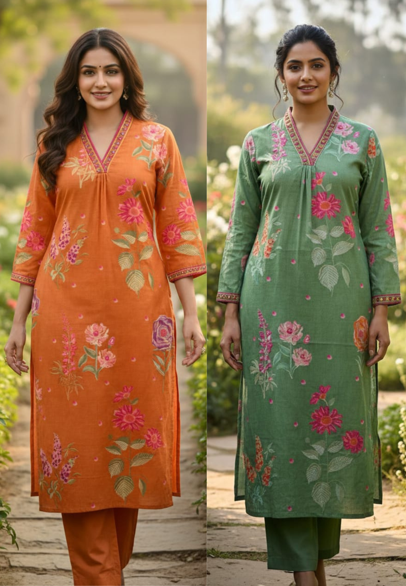 Meadow Garden Lush Botanical Print A-Line Kurta Pant Set In Cotton Fabric- 13644